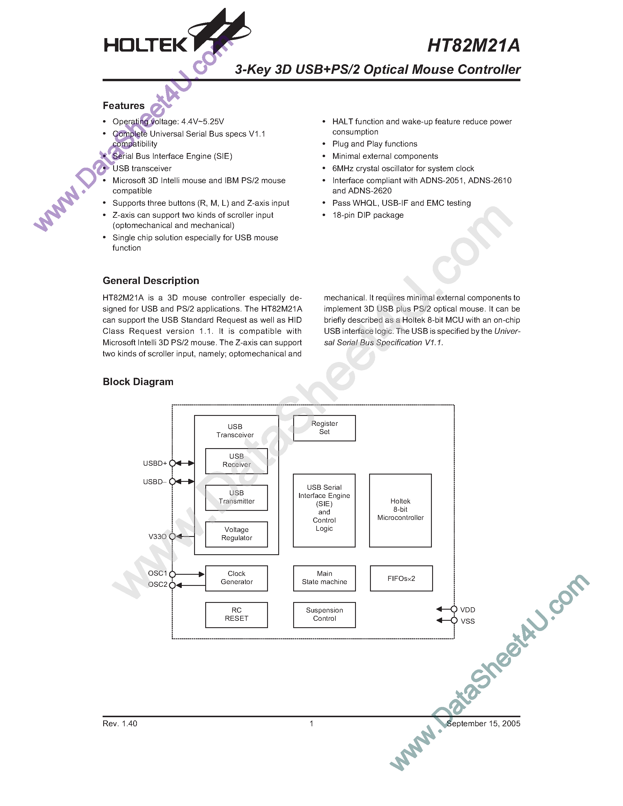 Datasheet HT82M21A - 3-Key 3D USB+PS/2 Optical Mouse Controller page 1