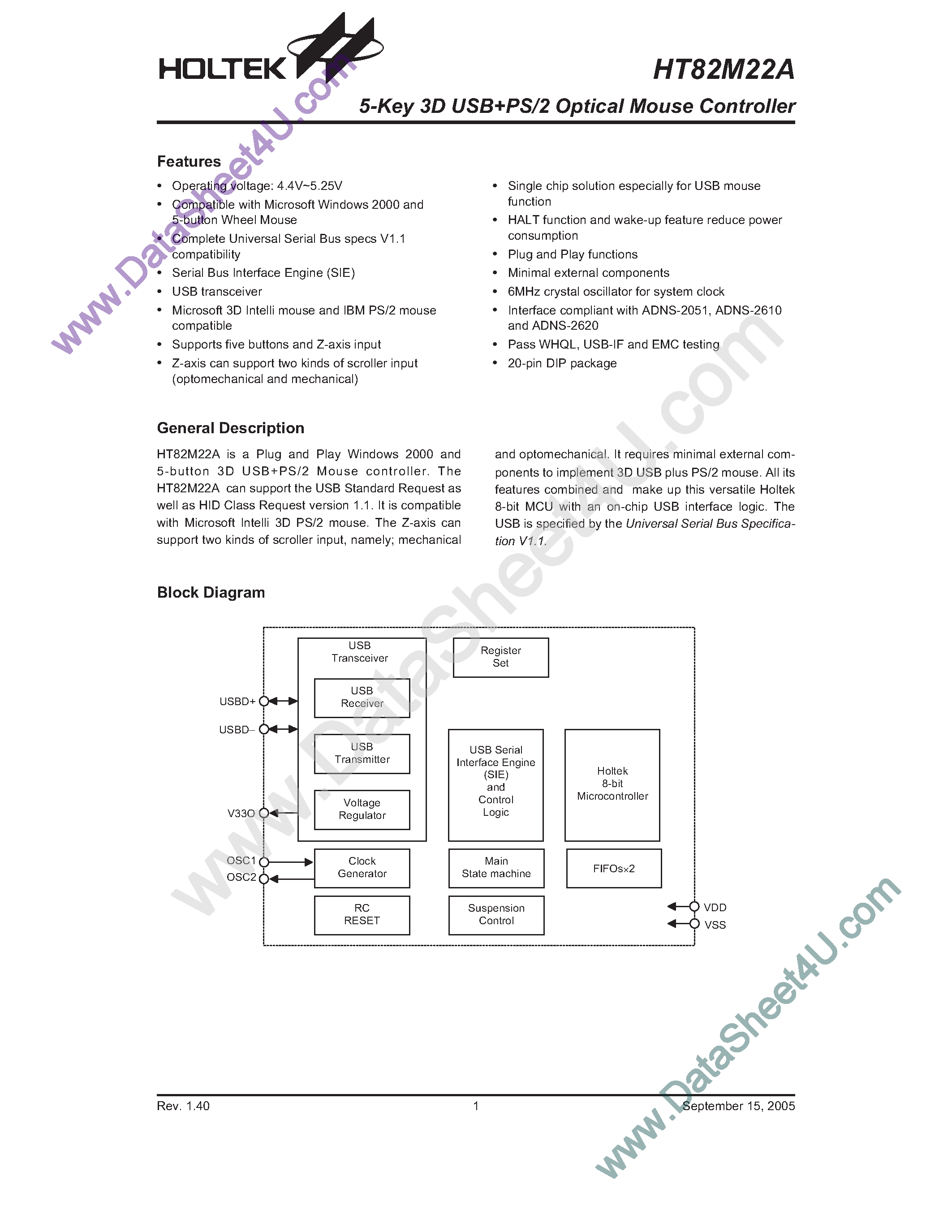 Datasheet HT82M22A page 1 Datasheet HT82M22A - 5-Key 3D USB+PS/2 Optical Mouse Controller page 1