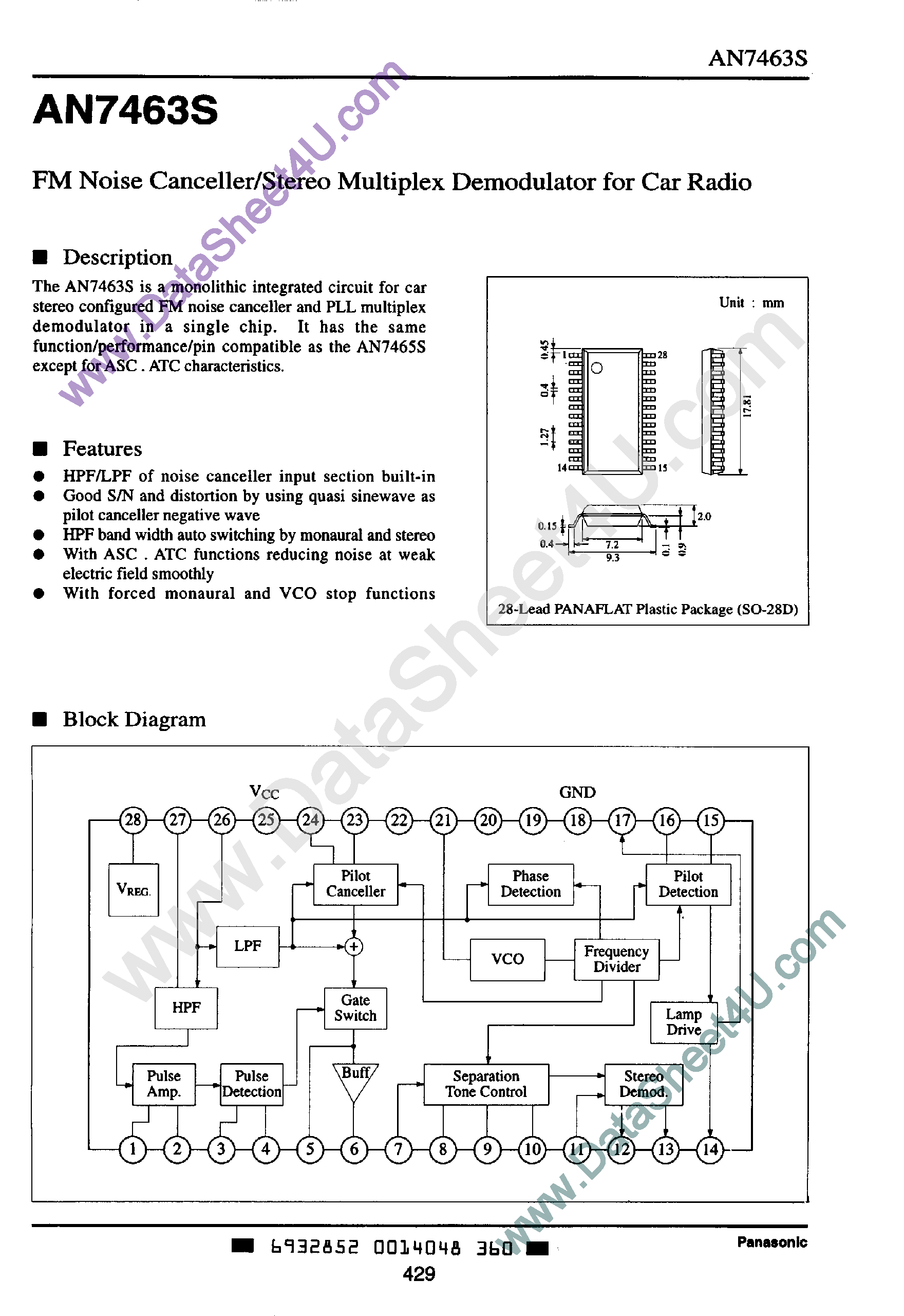 Даташит AN7463S - FM Noise Canceller / Stereo Multiplex Demodulator страница 1