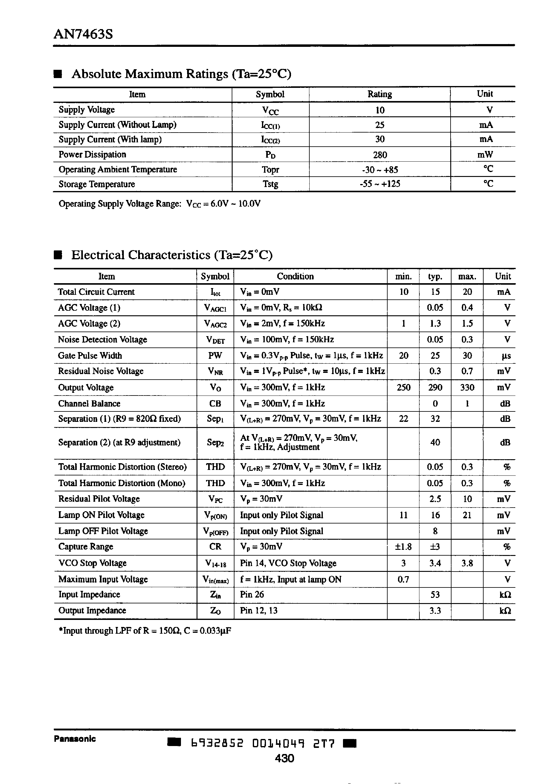 Даташит AN7463S - FM Noise Canceller / Stereo Multiplex Demodulator страница 2
