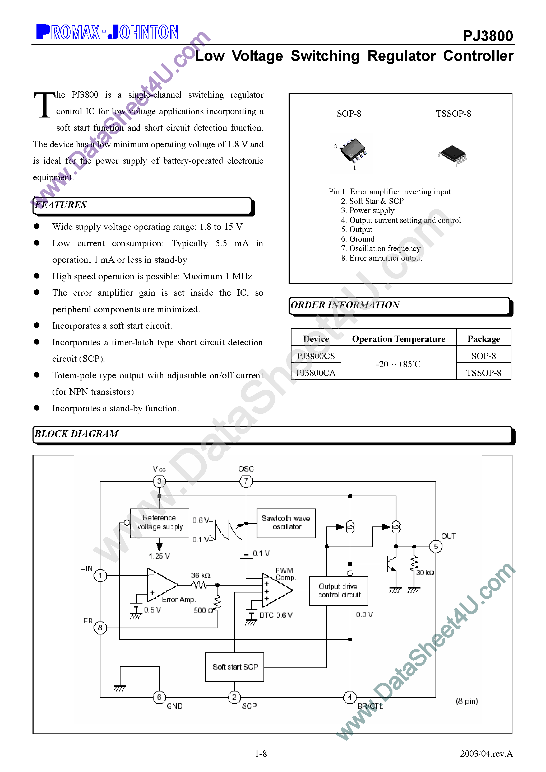 Datasheet PJ3800 - Low Voltage Switching Regulator Controller page 1