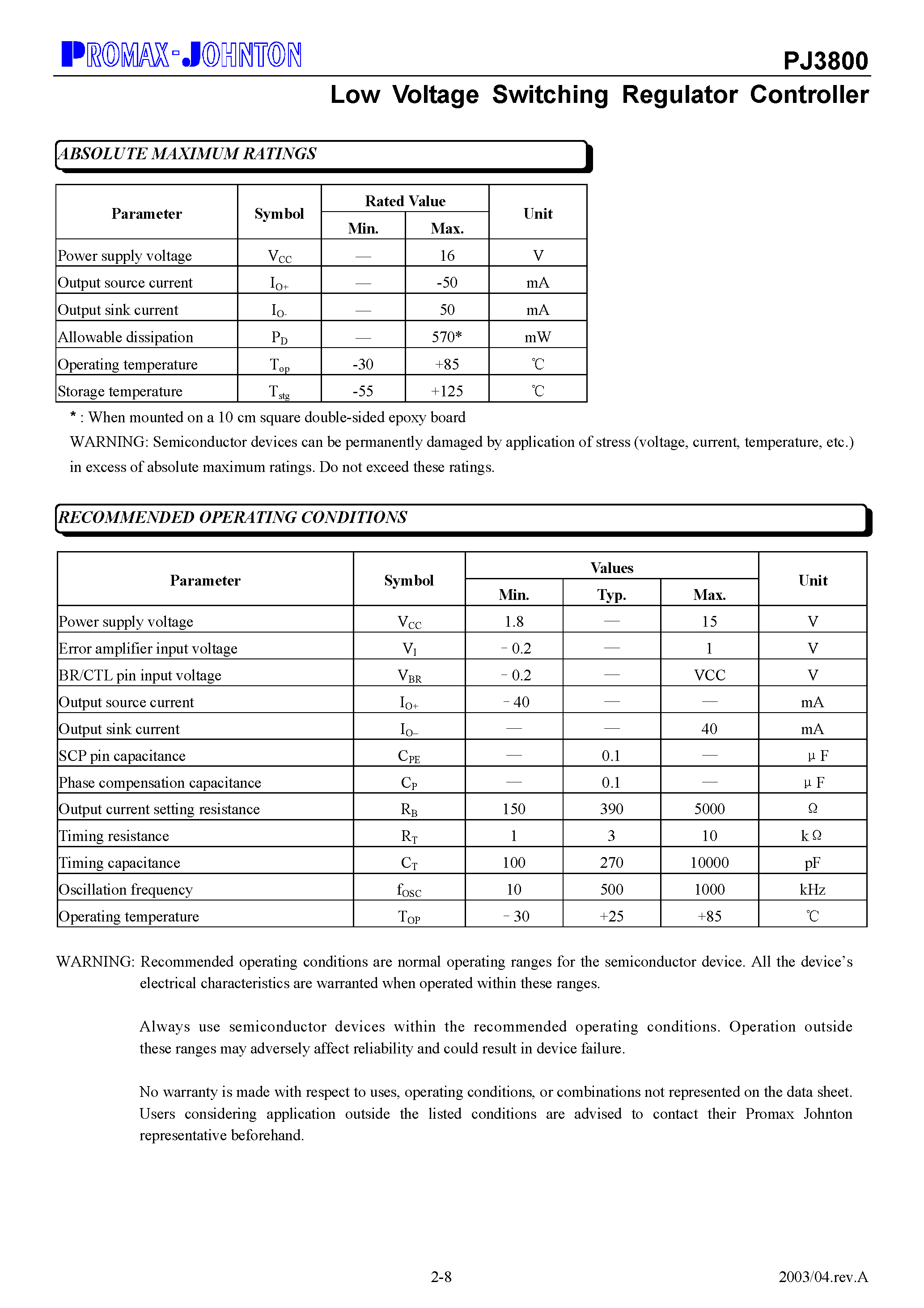 Datasheet PJ3800 - Low Voltage Switching Regulator Controller page 2