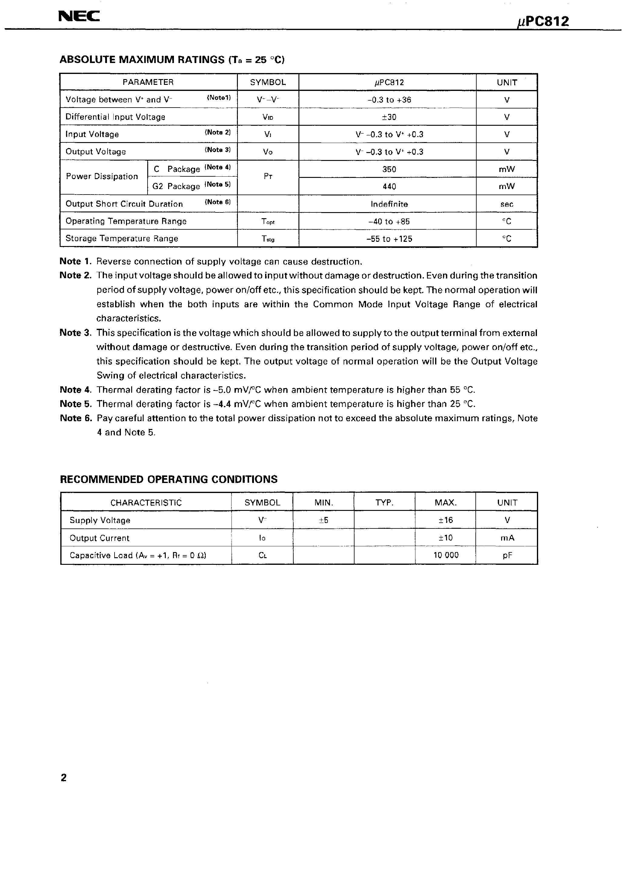 Datasheet UPC812 - Dual J-FET Input Low Offset Operational Amplifier page 2