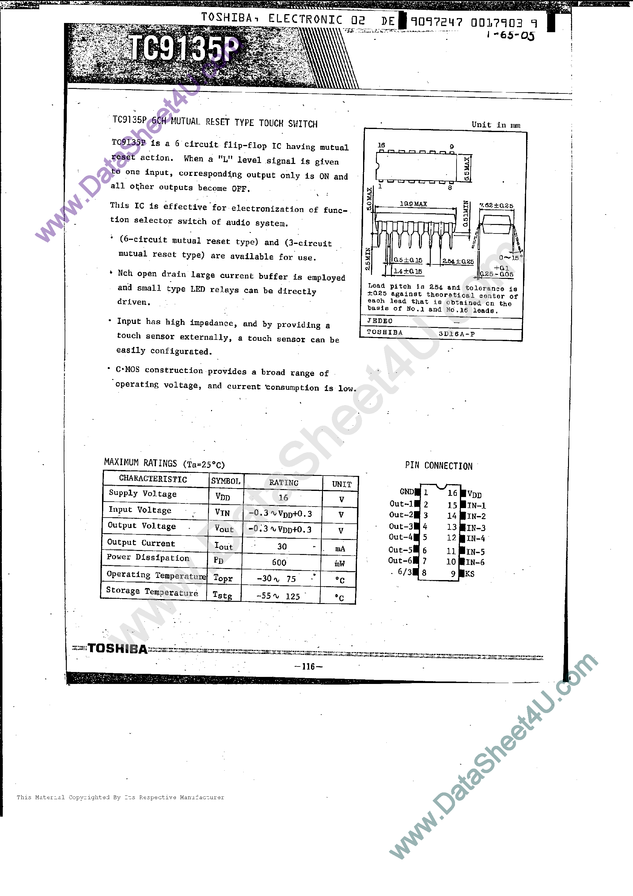 Datasheet TC9135P - 6-Ch Mutual Reset Type Touch Switch page 1