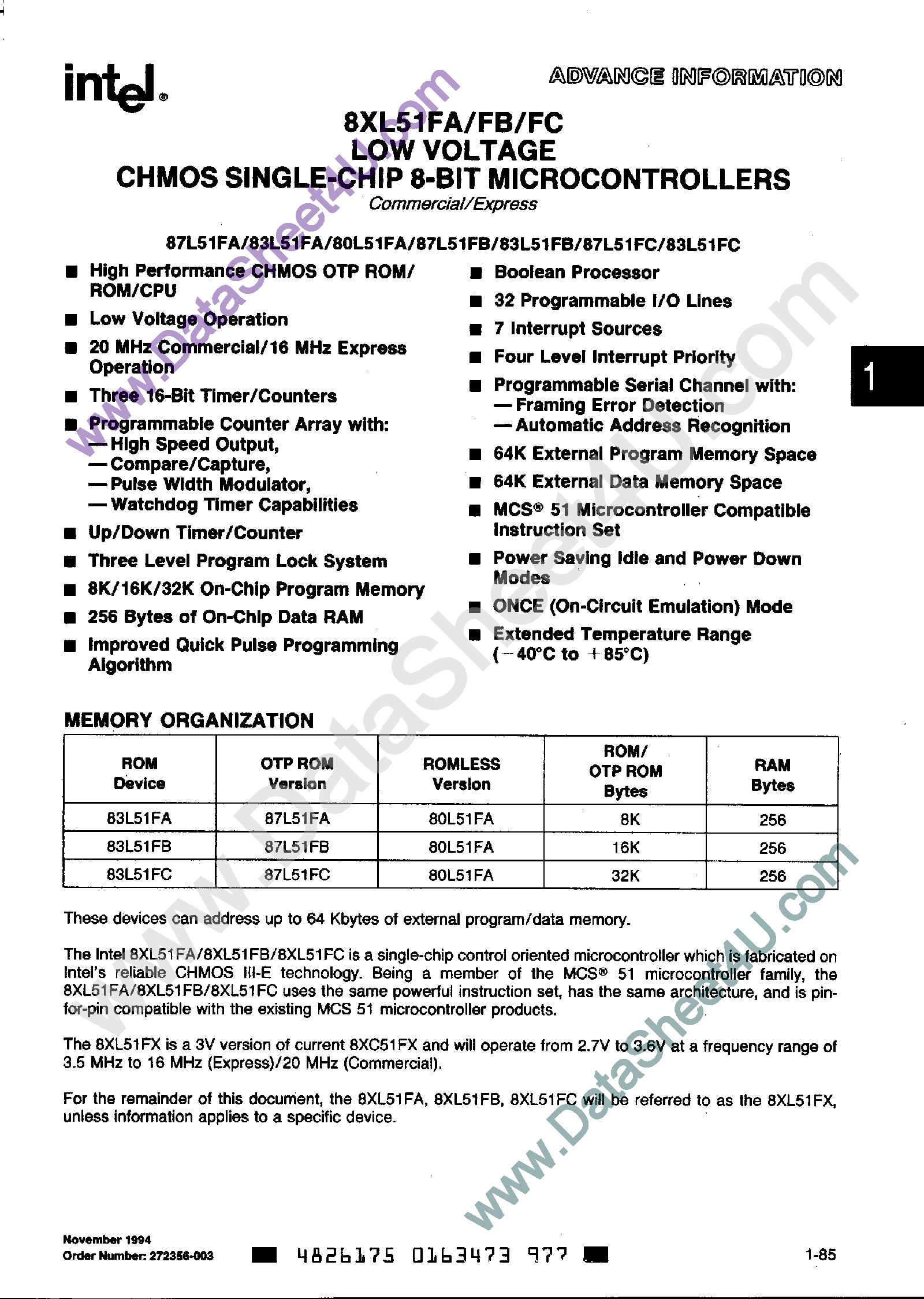 Datasheet S80L51FA page 1 Datasheet S80L51FA - Low Voltage CHMOS Single-Chip 8-Bit Microcontrollers page 1