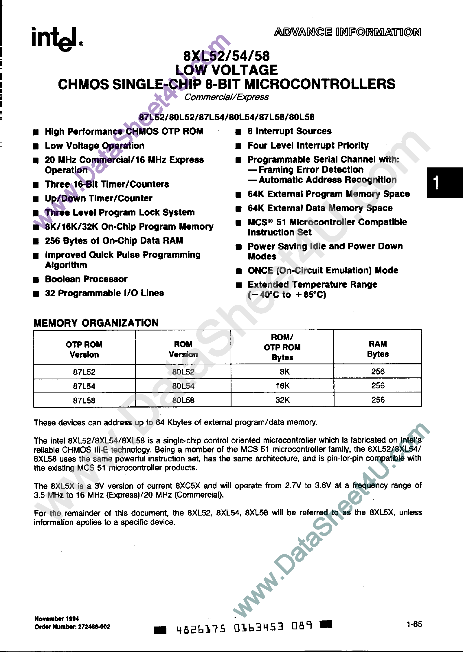 Datasheet S80L52 page 1 Datasheet S80L52 - (S80L52 - S80L58) Low Voltage CHMOS Single-Chip 8-Bit Microcontrollers page 1