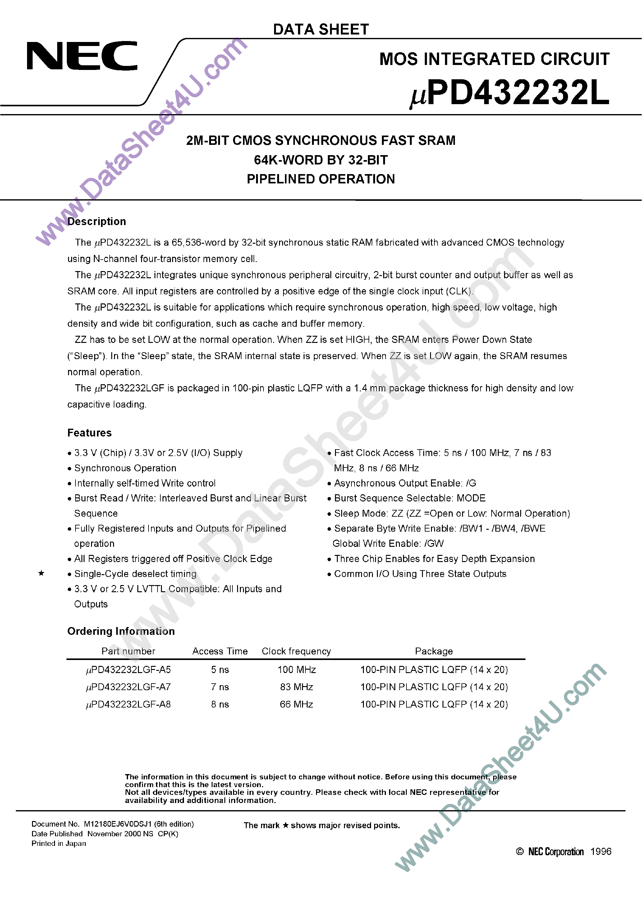 Даташит UPD432232L - 2M-Bit CMOS Synchronous Fast SRAM 64K x 32-Bit Pipelined Operation страница 1