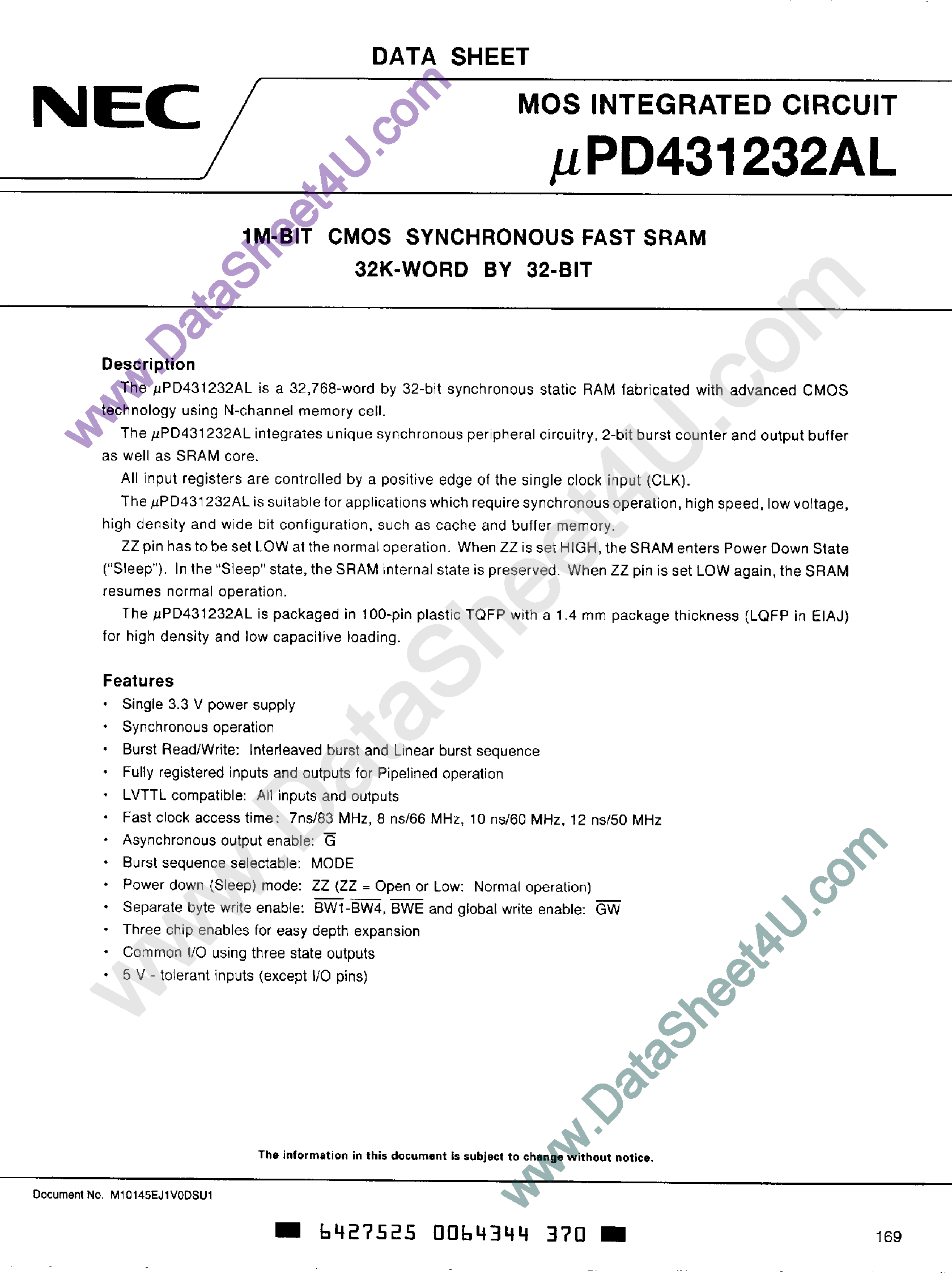 Даташит UPD431232AL - 1M-Bit CMOS Synchronous Fast SRAM 32K x 32-Bit страница 1