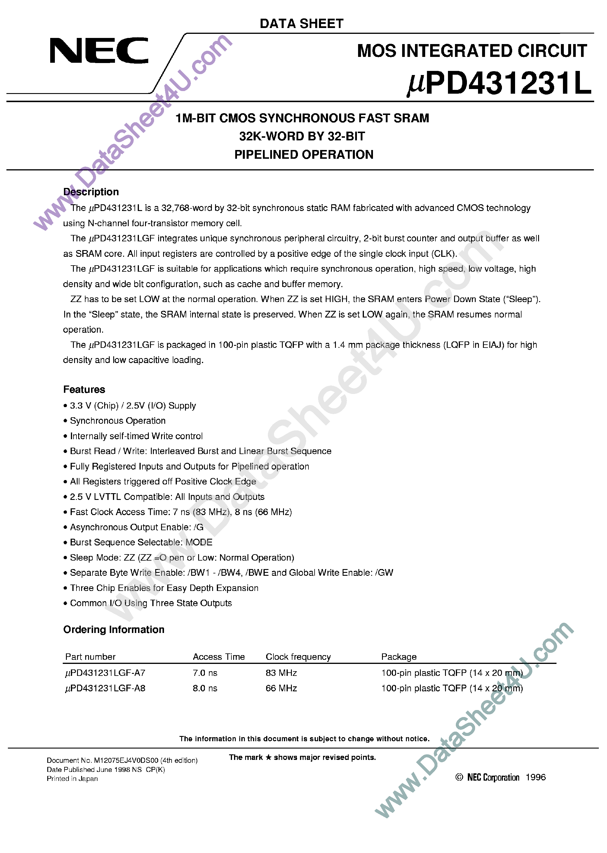 Даташит UPD431231L - 1M-Bit CMOS Synchronous Fast SRAM 32K x 32-Bit Pipelined Operation страница 1
