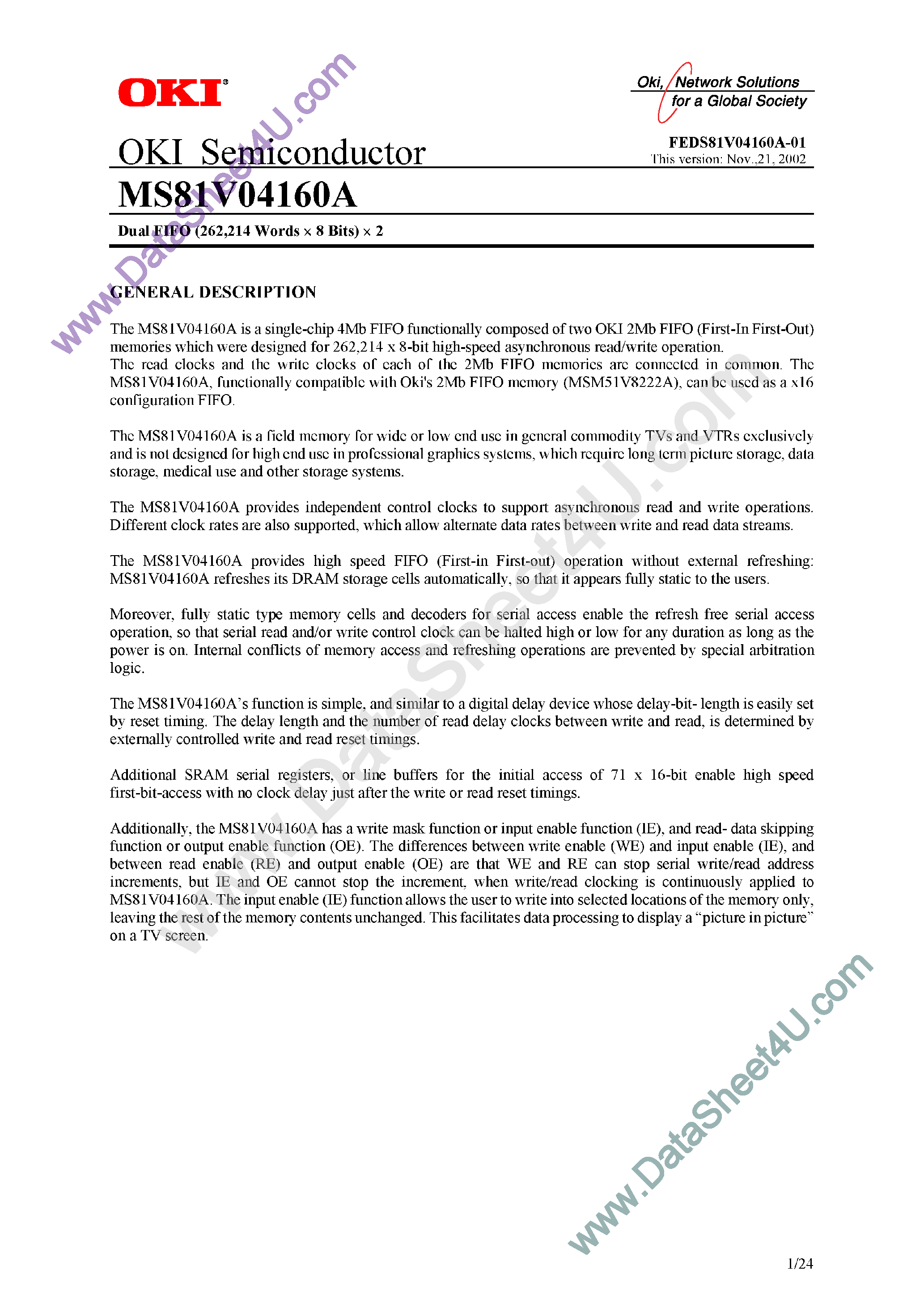 Datasheet MS81V04160A - Dual FIFO Memory x 2 page 1