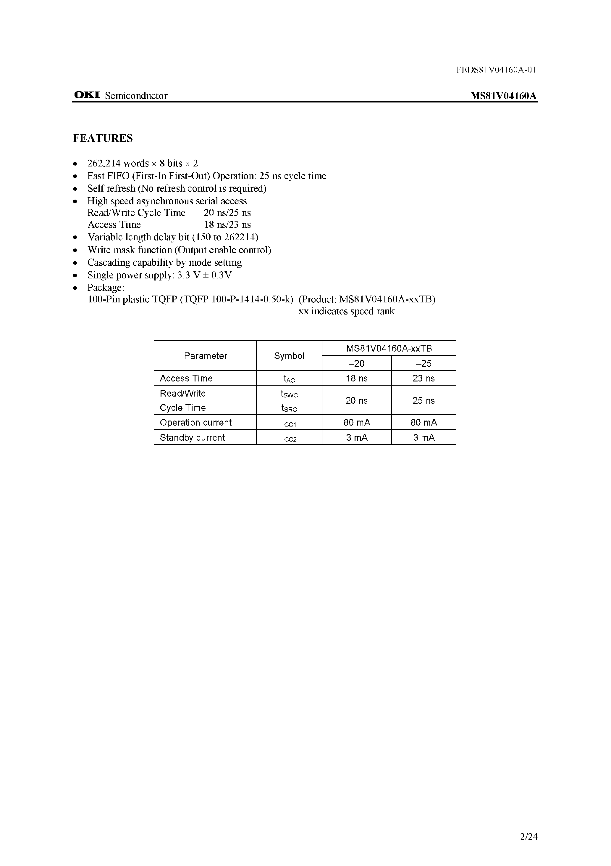 Datasheet MS81V04160A - Dual FIFO Memory x 2 page 2