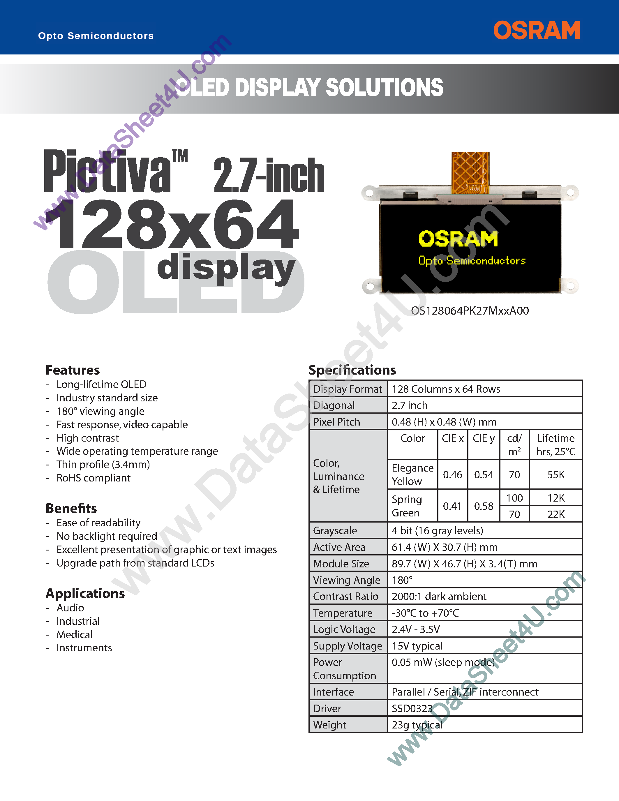 Datasheet OS128064PK27MG0B00 page 1 Datasheet OS128064PK27MG0B00 - (OS128064PK27MY(G)0B00) OLED Display Solutions page 1