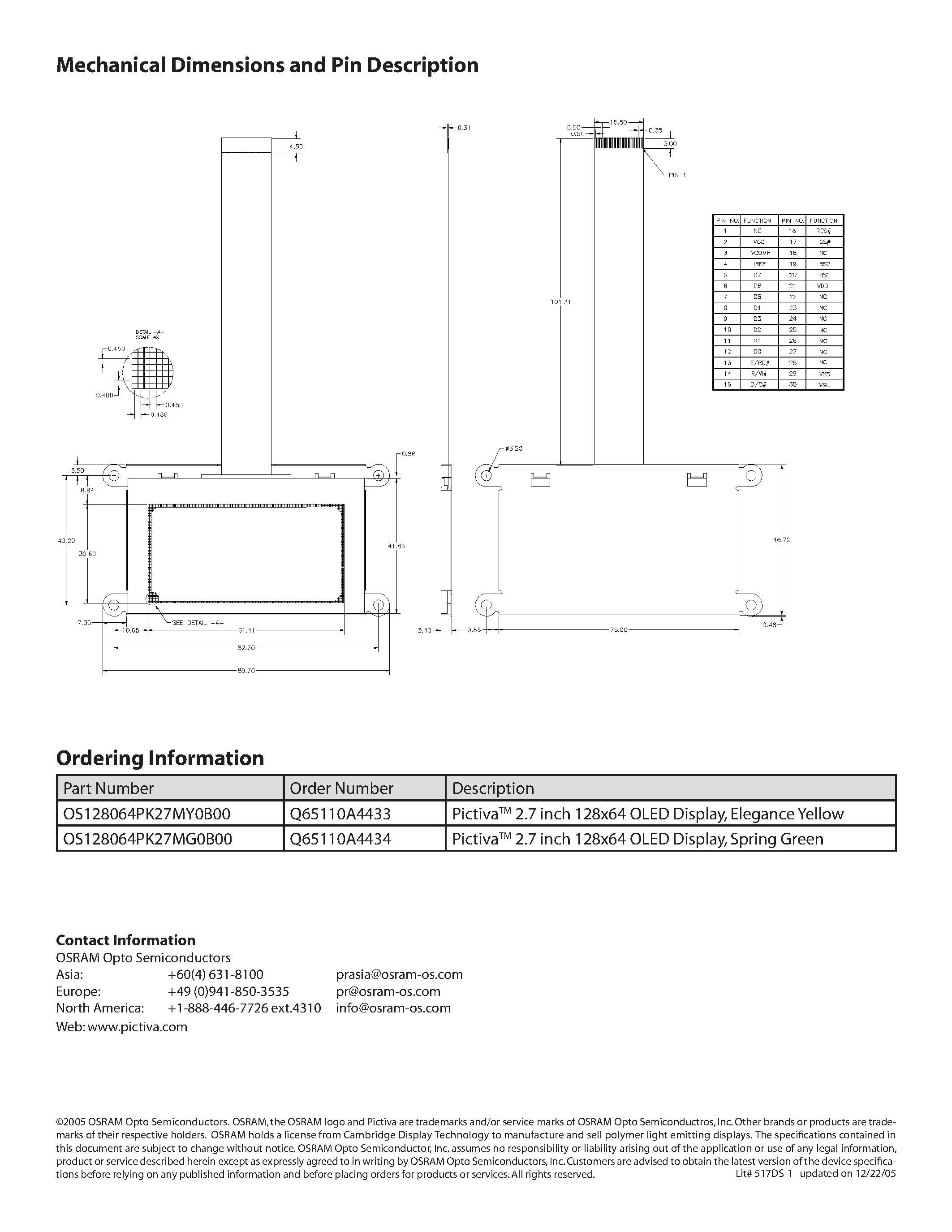 Datasheet OS128064PK27MG0B00 page 2 Datasheet OS128064PK27MG0B00 - (OS128064PK27MY(G)0B00) OLED Display Solutions page 2