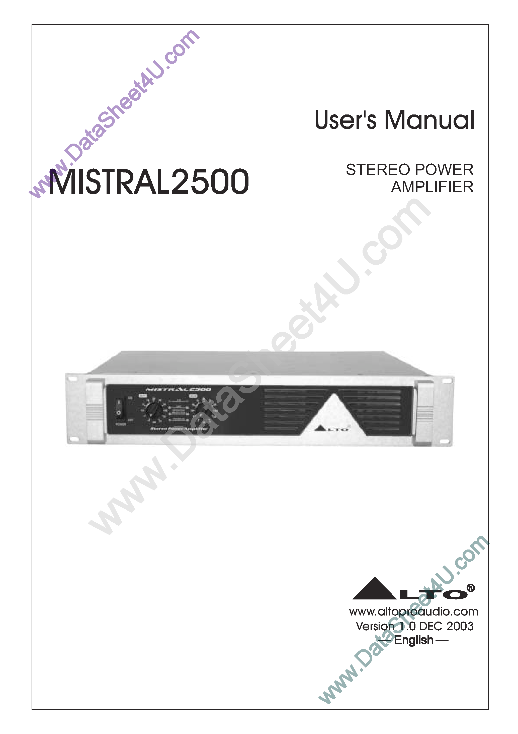 Даташит MISTRAL2500 - Stereo Power Amplifier страница 1