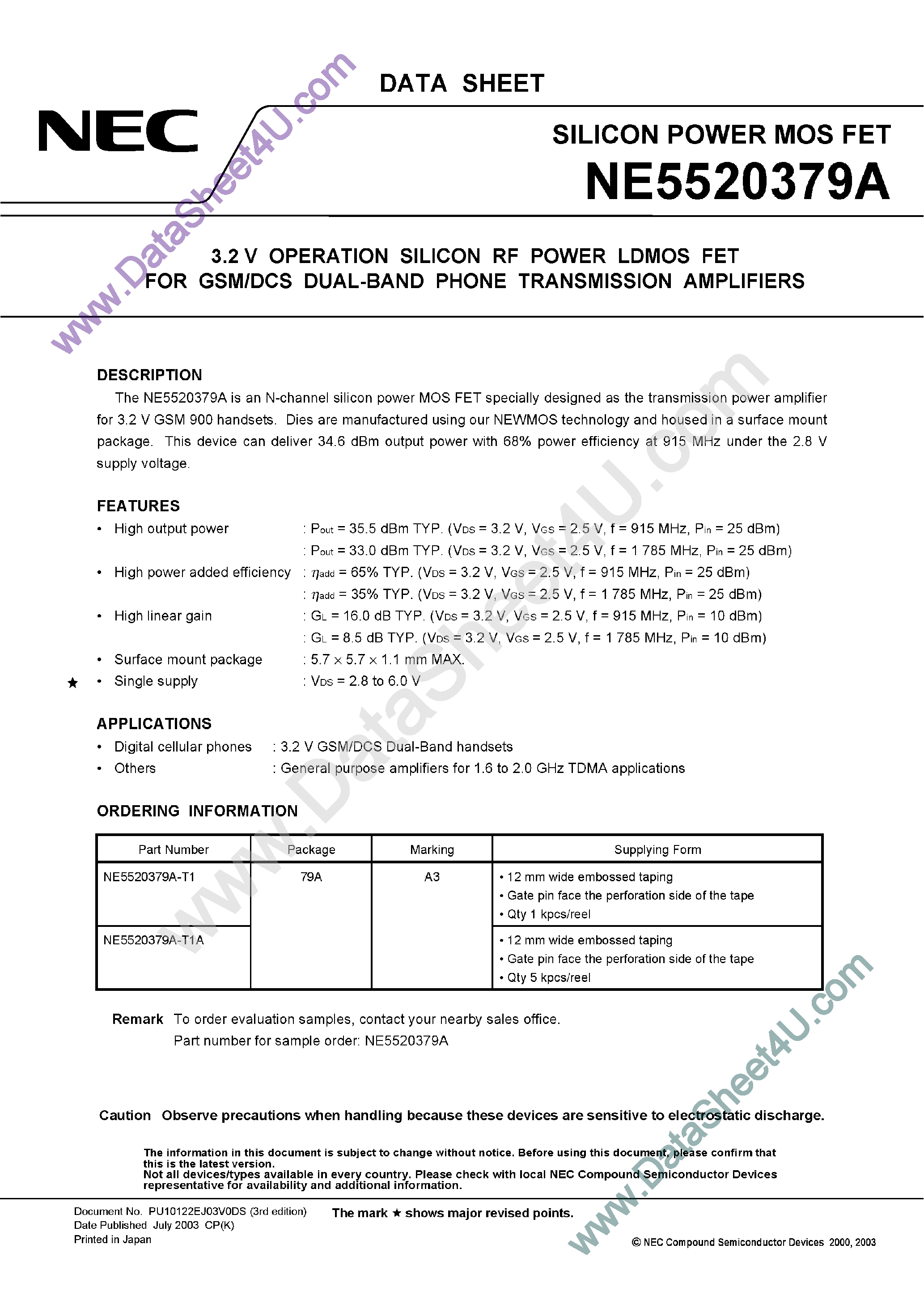 Datasheet NE5520379A - 3.2V Operation Silicon RF Power LDMOS FET page 1
