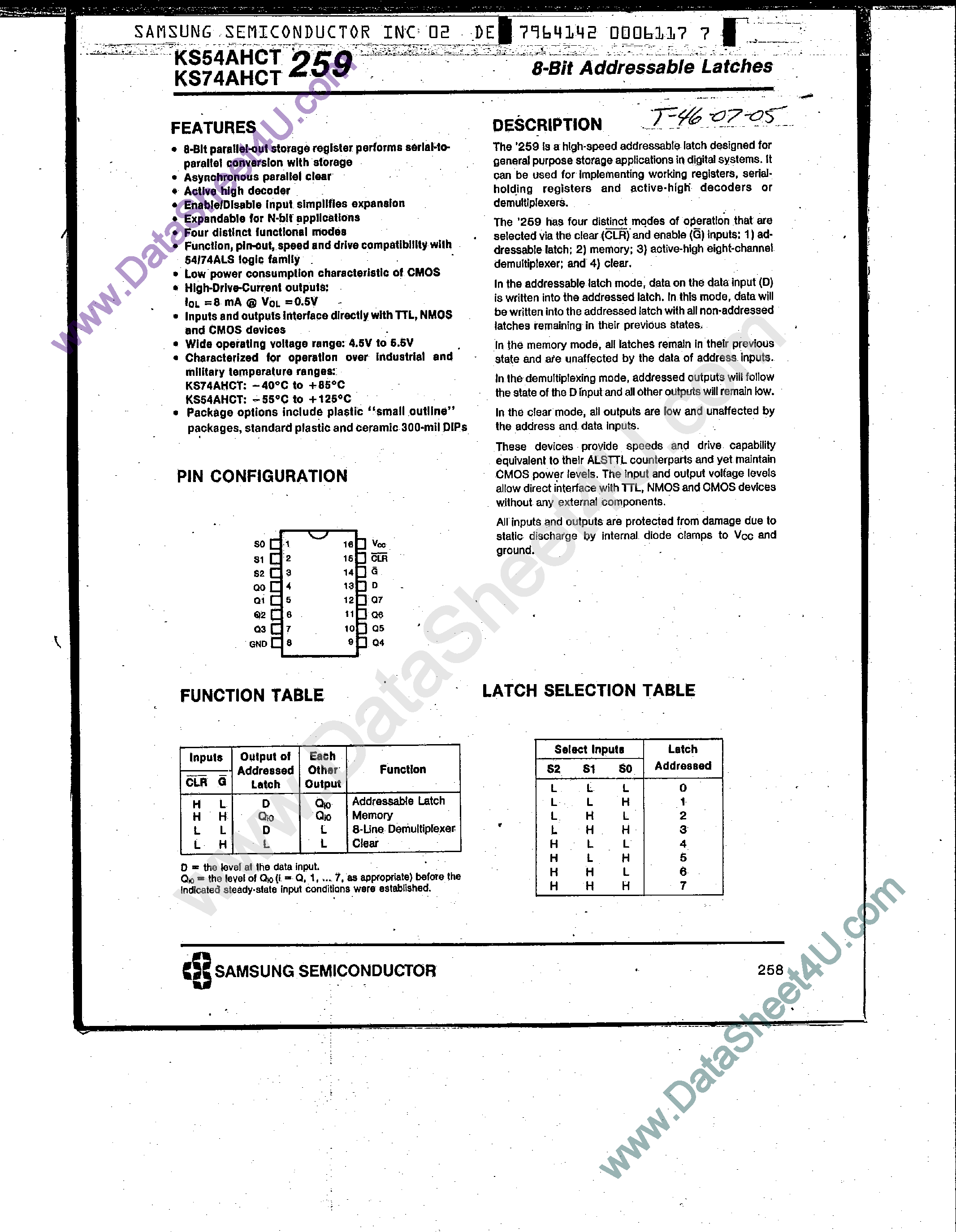 Datasheet KS74AHCT259 - 8-Bit Addressable Latches page 1