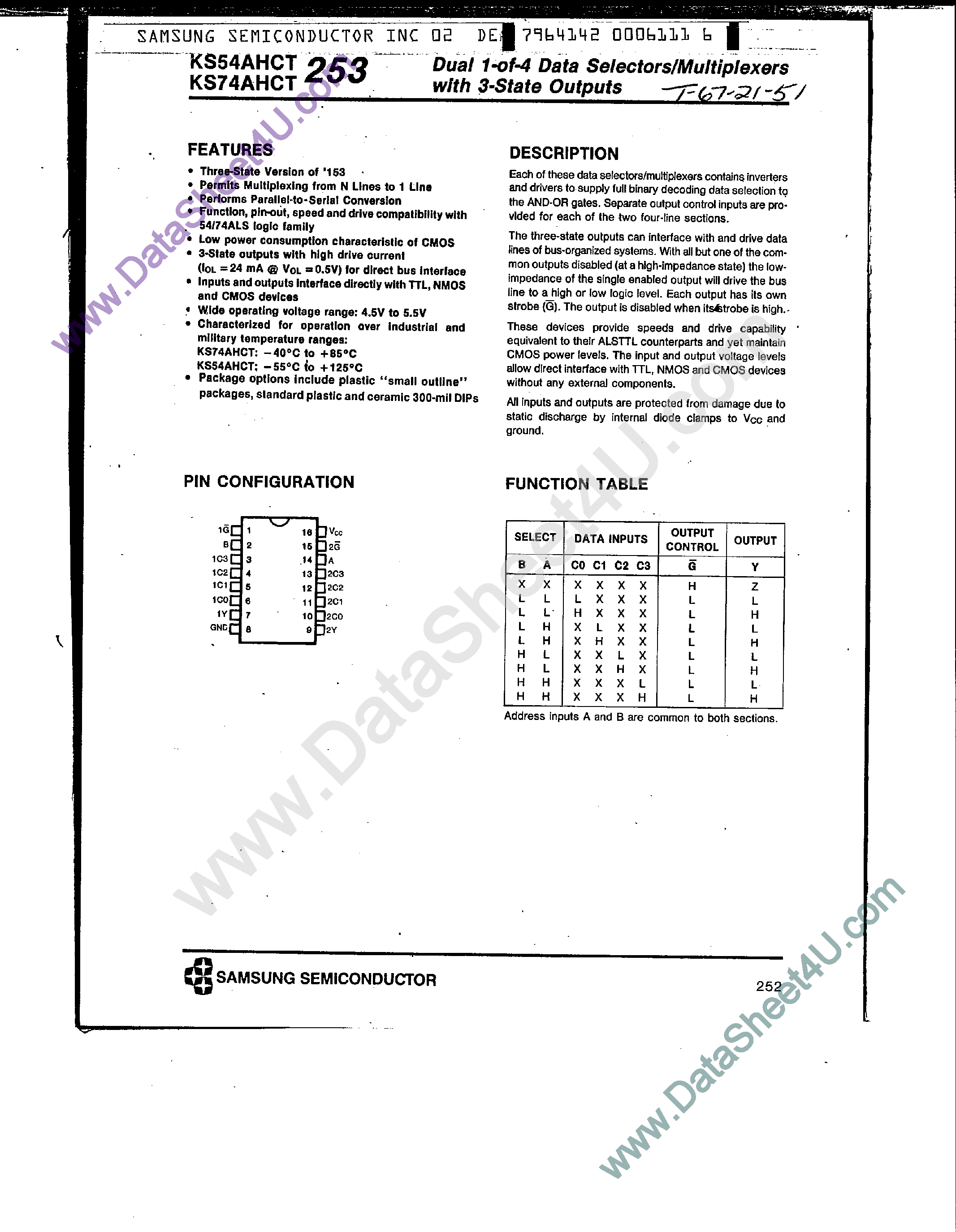 Datasheet KS74AHCT253 - Dual 1-of-4 Data Selectors / Multiplexers page 1