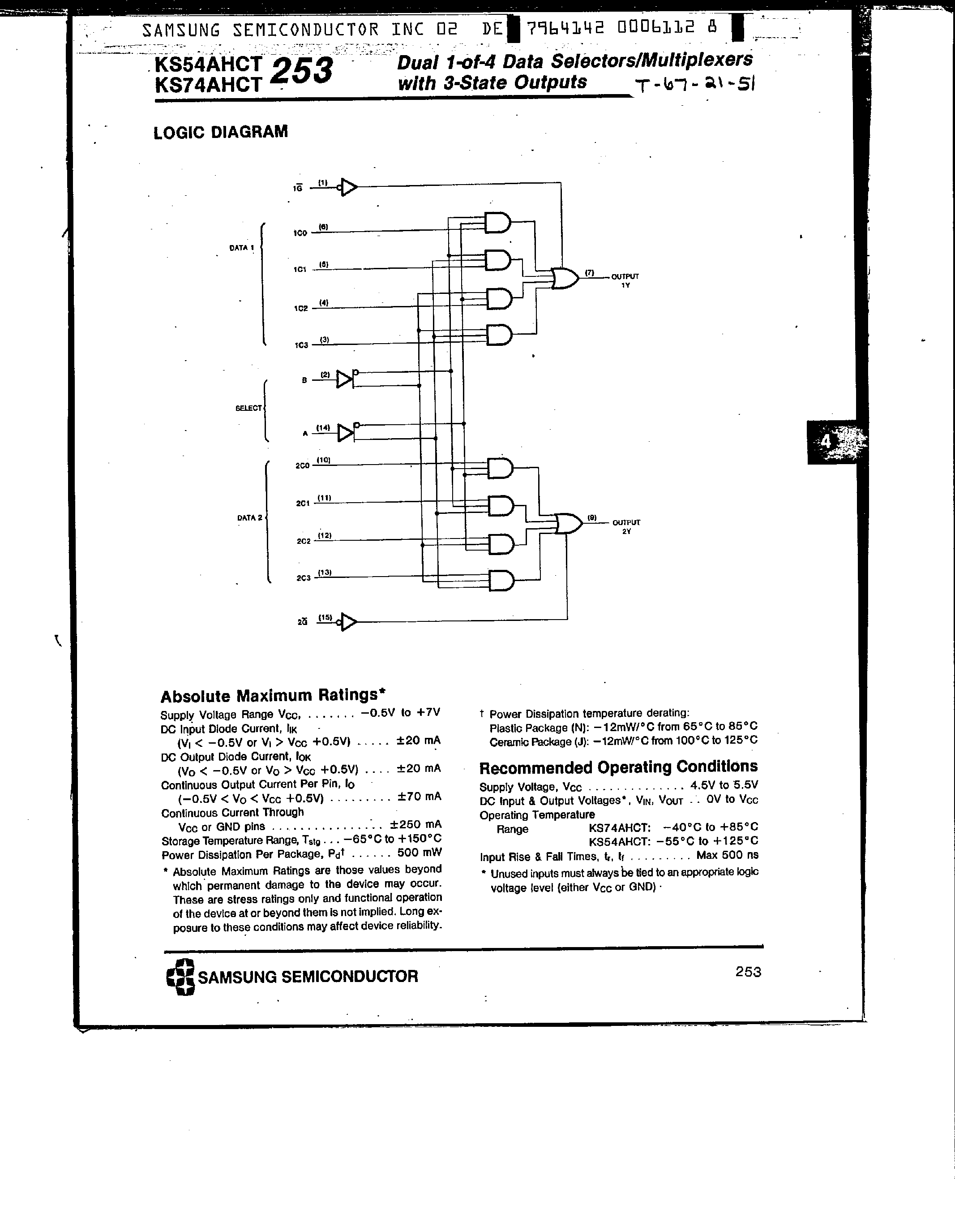Datasheet KS74AHCT253 - Dual 1-of-4 Data Selectors / Multiplexers page 2