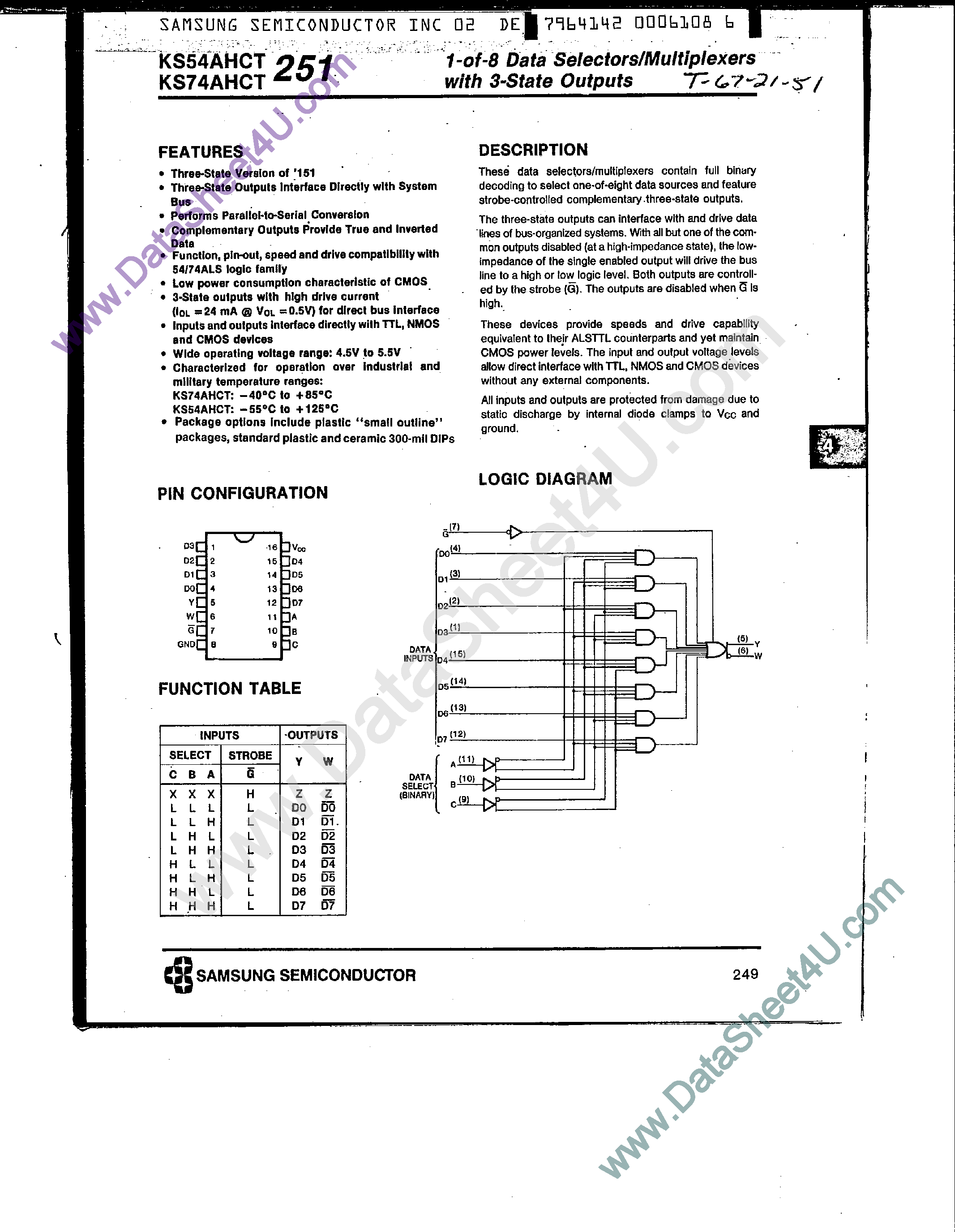 Даташит KS74AHCT251 - 1-of-8 Data Selectors / Multiplexers страница 1