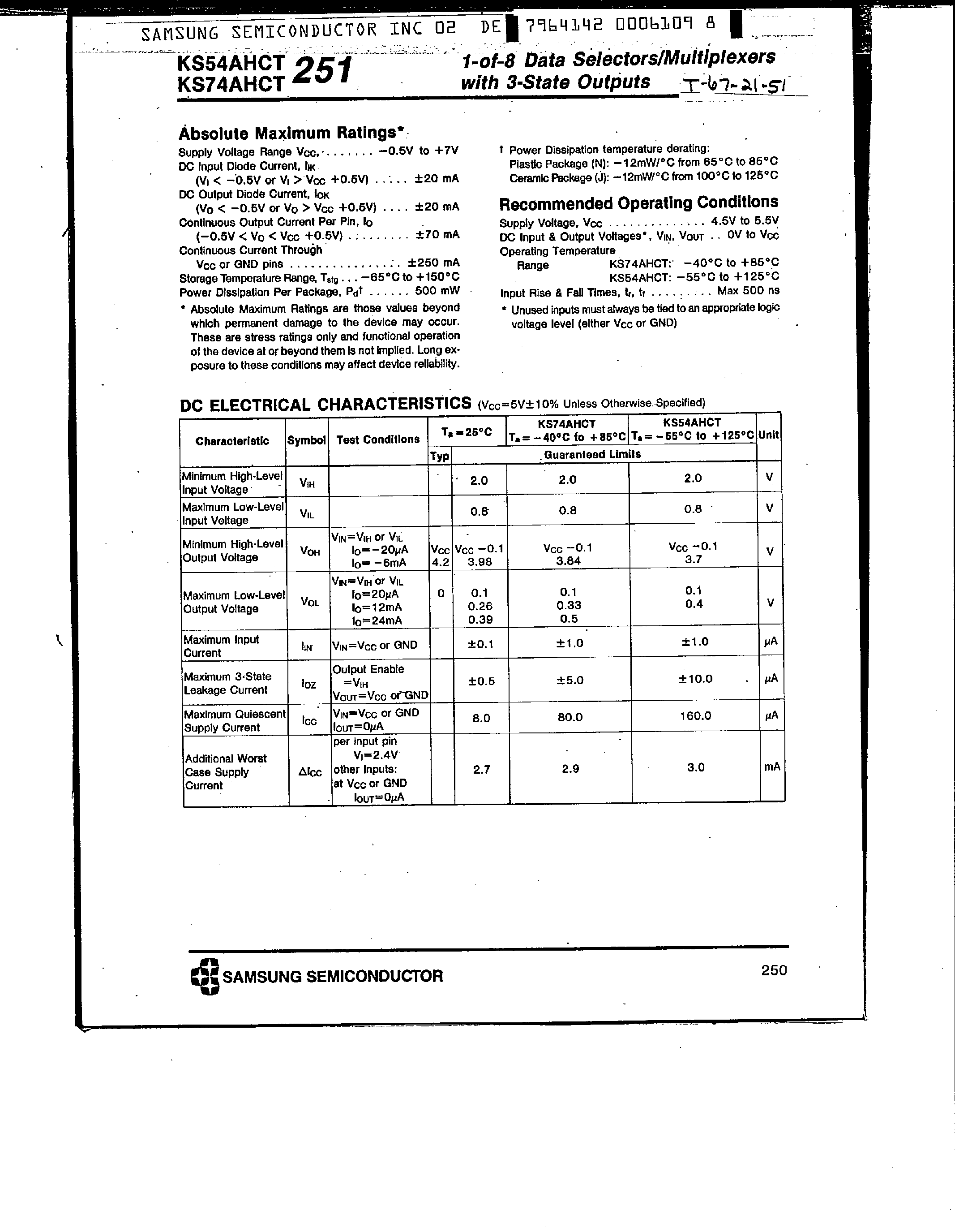 Даташит KS74AHCT251 - 1-of-8 Data Selectors / Multiplexers страница 2