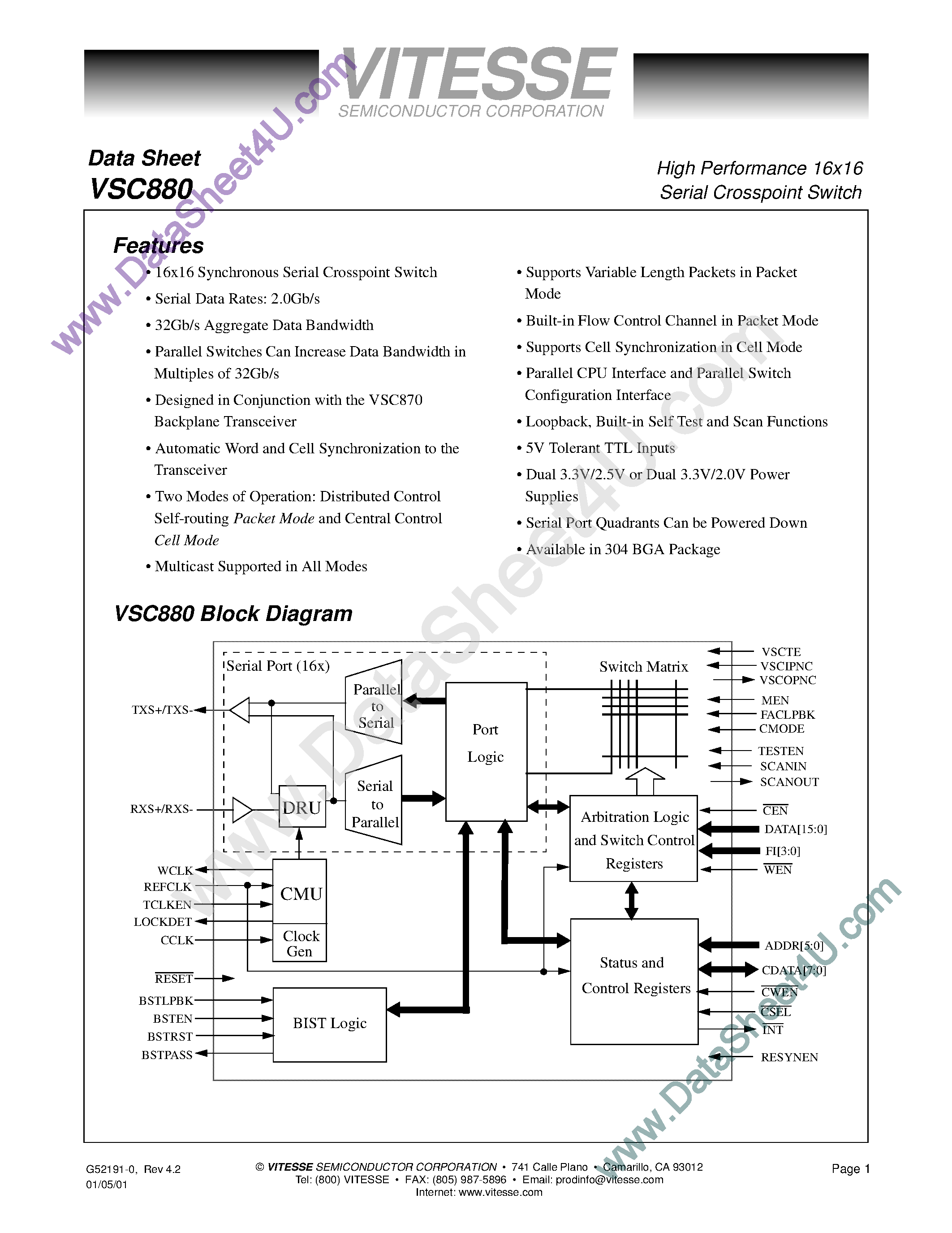Даташит на микросхему VSC880 страница 1 Даташит VSC880 - High Performance 16 x 16 Serial Crosspoint Switch страница 1