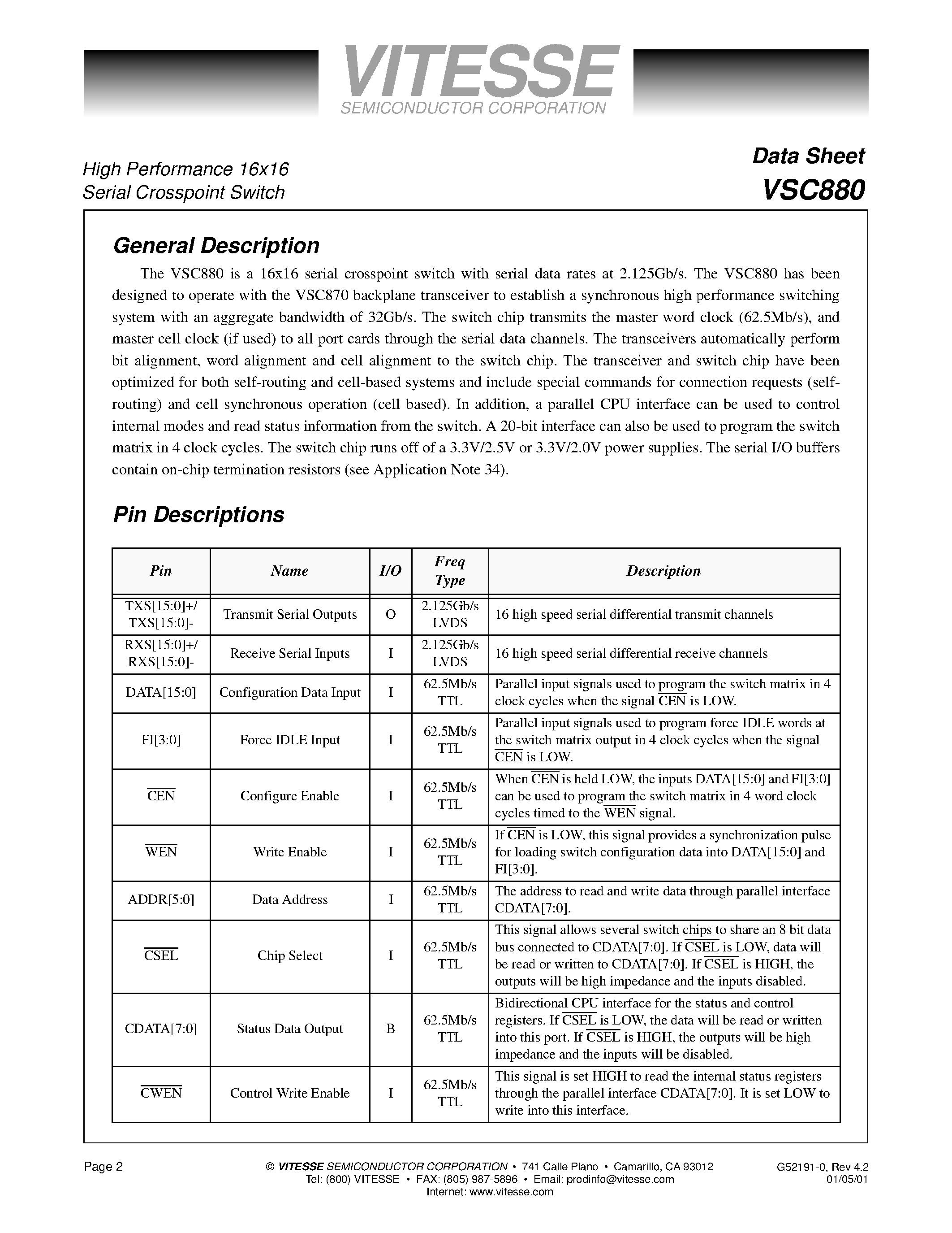 Даташит на микросхему VSC880 страница 2 Даташит VSC880 - High Performance 16 x 16 Serial Crosspoint Switch страница 2