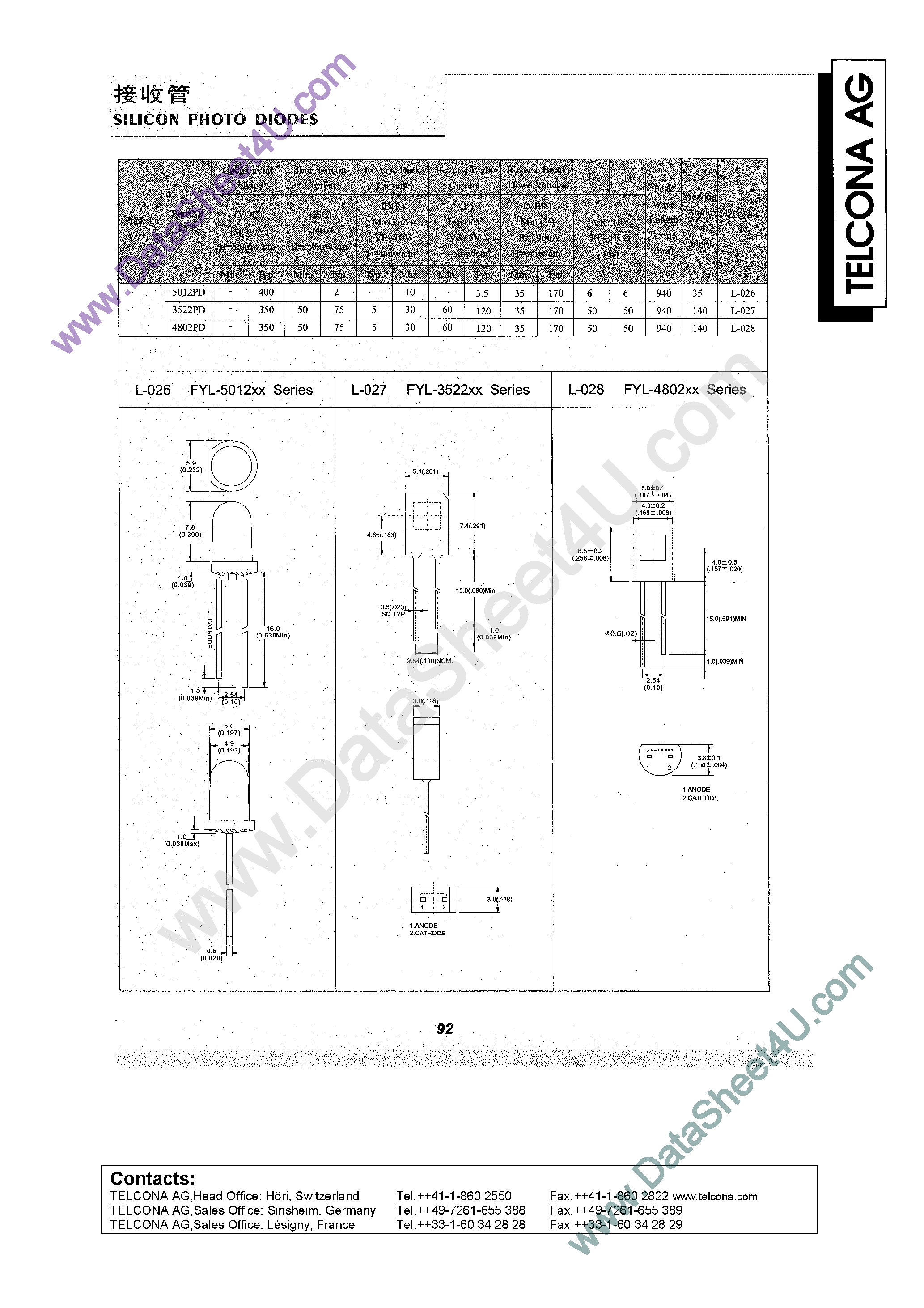 Даташит FYL-3522PD - (FYL-5012PD/3522PD/4802PD) Silicon Photo Diodes страница 1