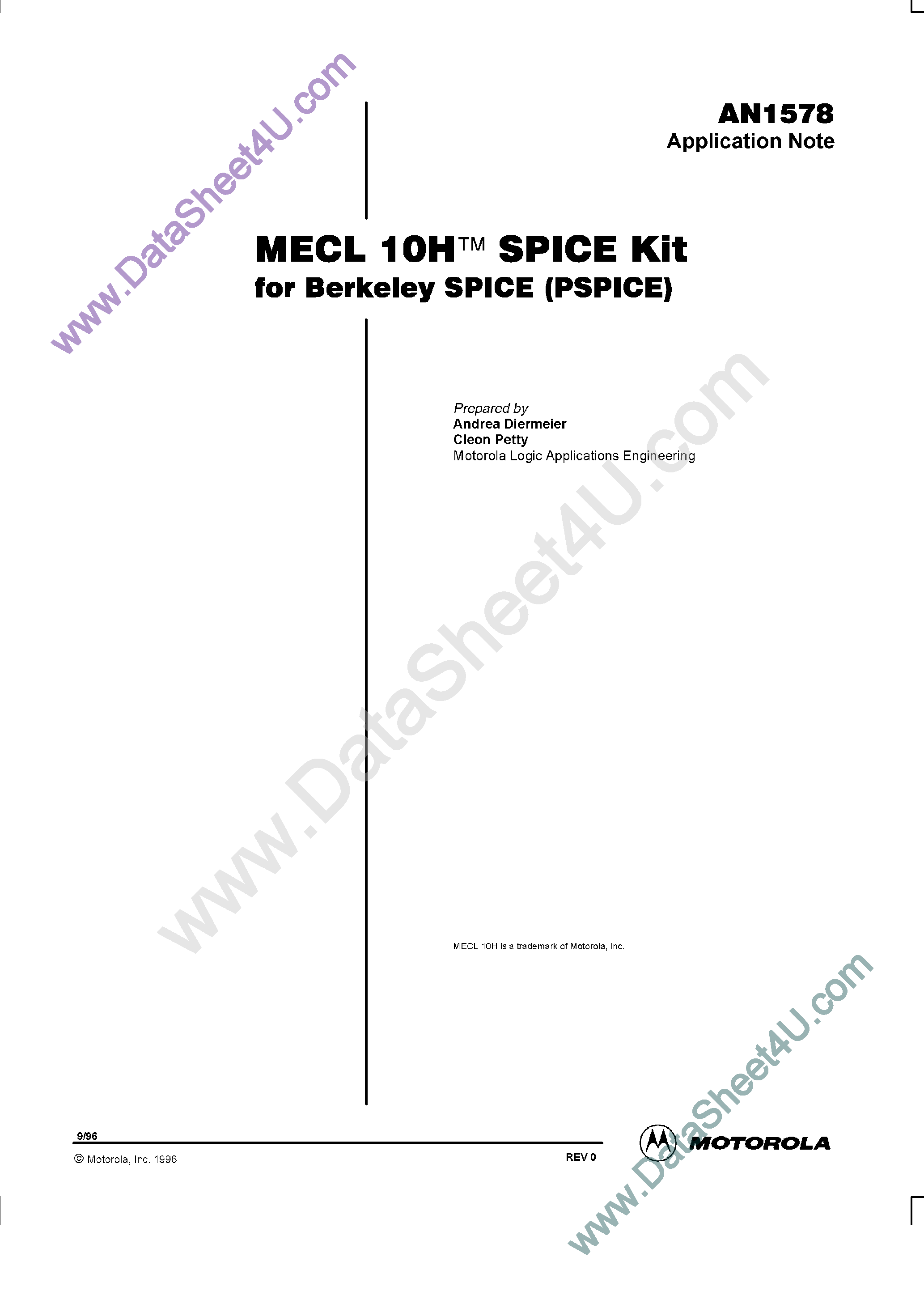 Datasheet AN1578 - MECL 10H Spice Kit page 1