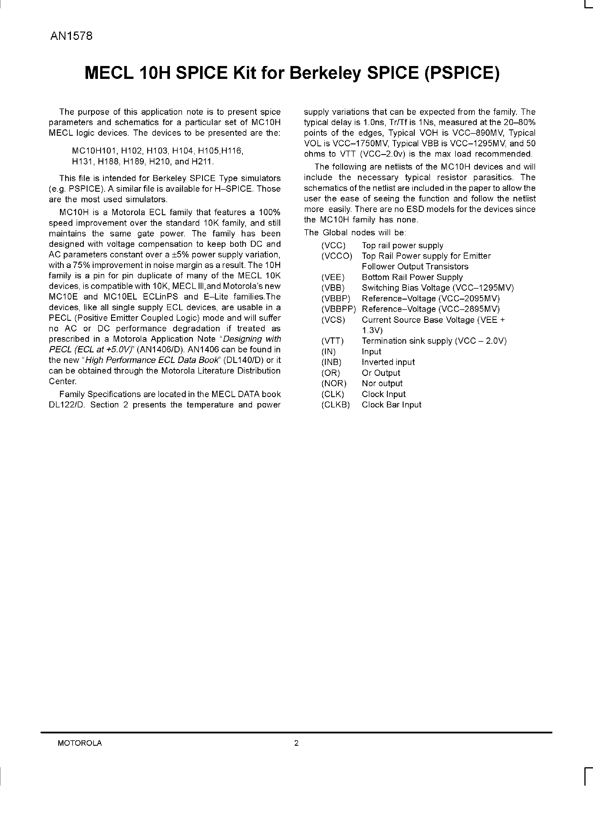 Datasheet AN1578 - MECL 10H Spice Kit page 2
