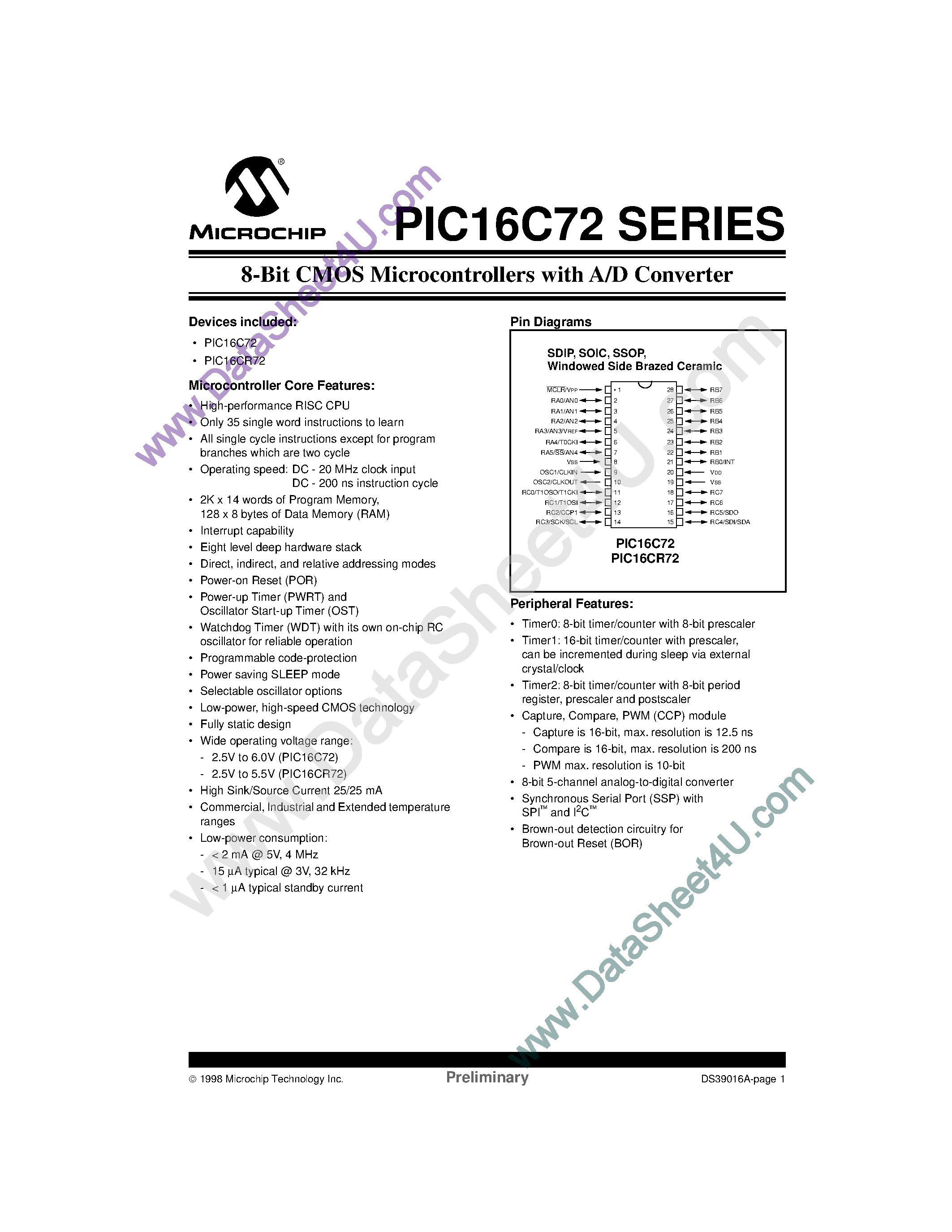 Даташит PIC16LC72 - 8-Bit CMOS Microcontrollers страница 1