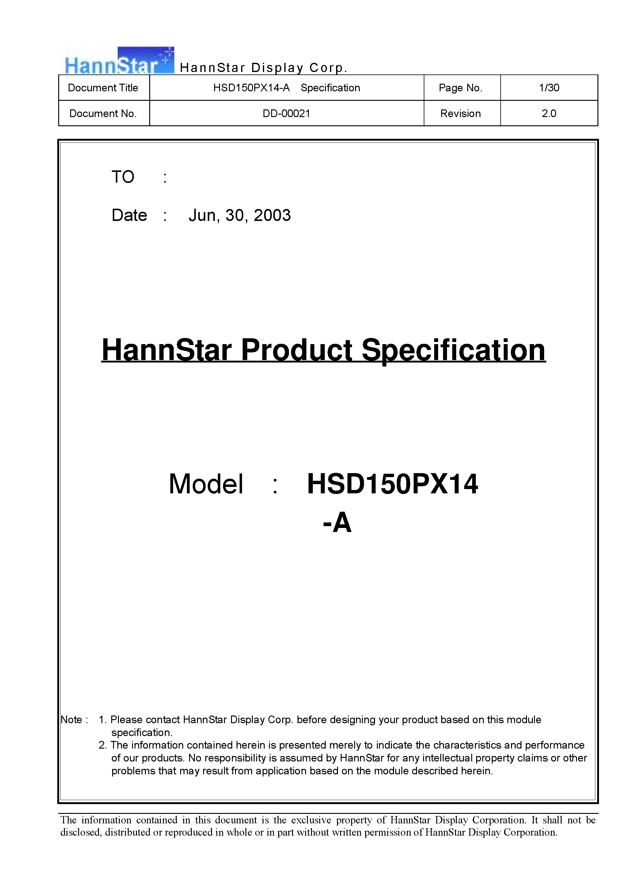Datasheet HSD150PX14-A - Display page 1