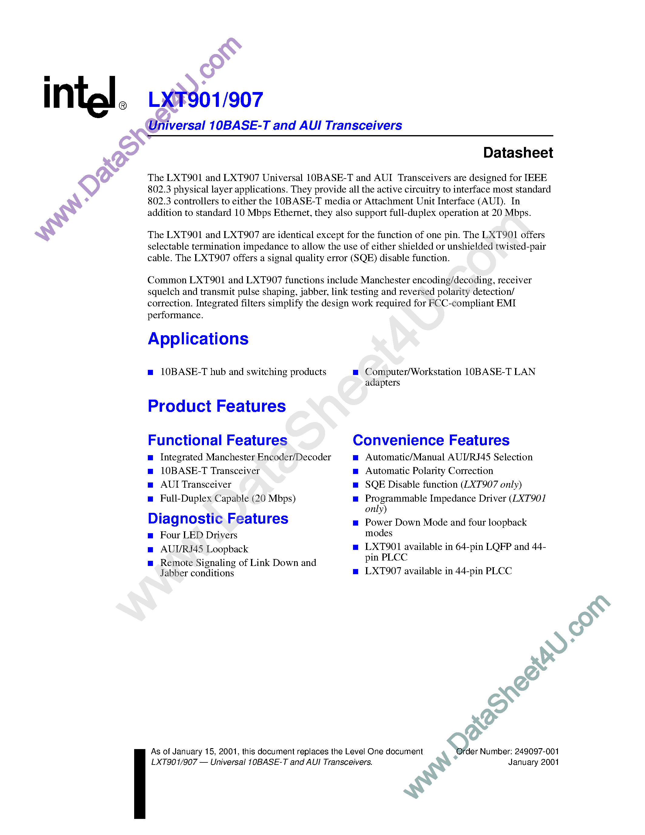 Datasheet LXT901 - (LXT901 / LXT907) Universal 10 Base-T and AUI Transceivers page 1