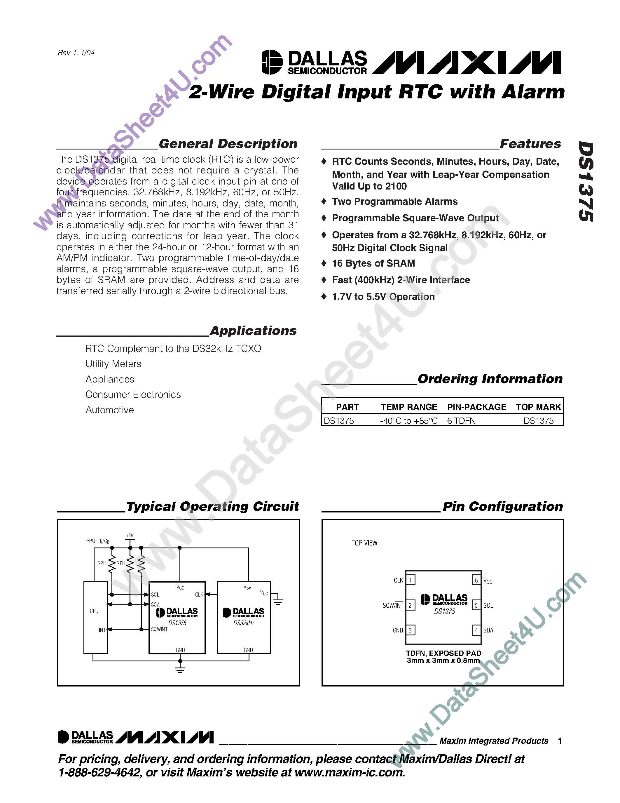 Даташит на микросхему DS1375 страница 1 Даташит DS1375 - 2-Wire Digital Input RTC with Alarm страница 1