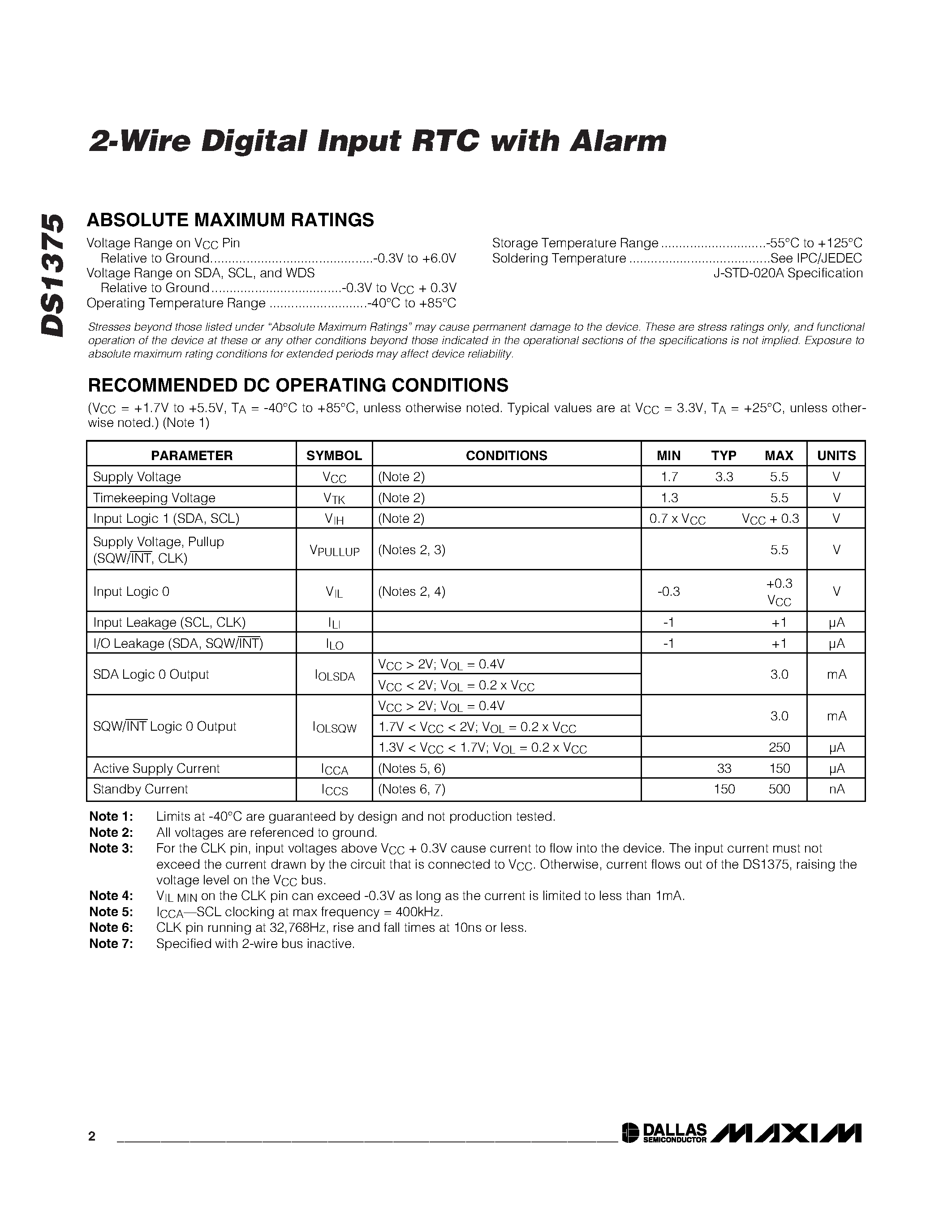 Даташит на микросхему DS1375 страница 2 Даташит DS1375 - 2-Wire Digital Input RTC with Alarm страница 2