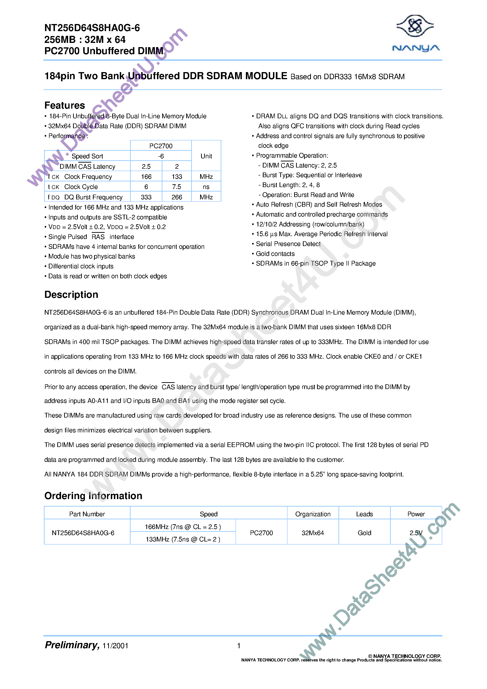 Datasheet NT256D64S8HA0G-6 page 1 Datasheet NT256D64S8HA0G-6 - 256MB DIMM page 1