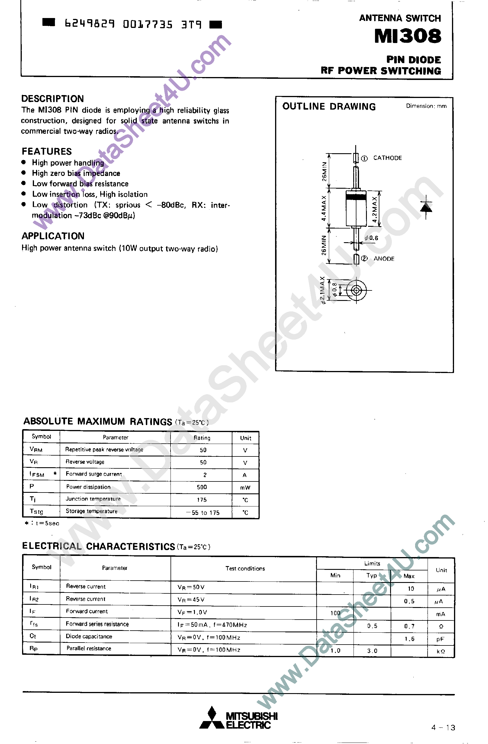 Datasheet MI308 page 1 Datasheet MI308 - PIN Diode RF Power Switching page 1