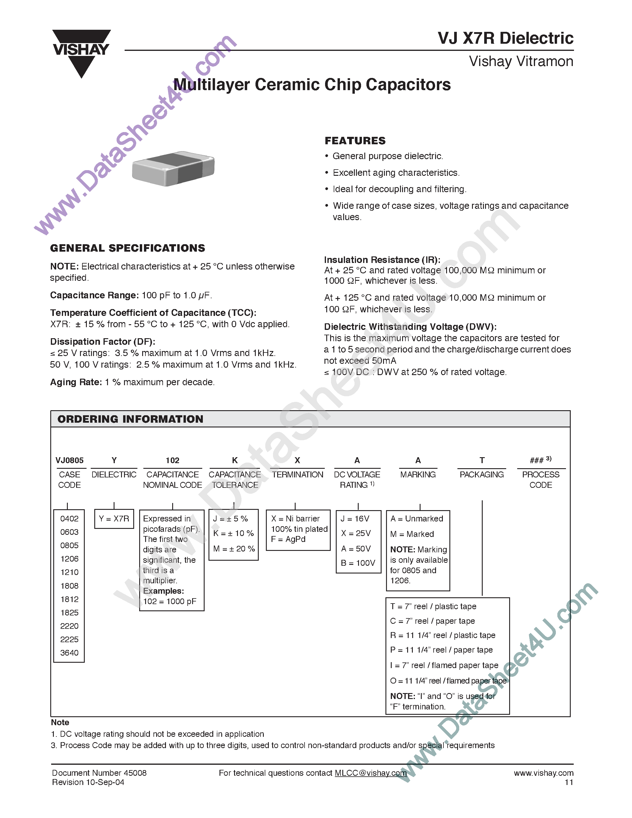 Даташит VJ2220Yxxxx - (VJ Series) Multilayer Ceramic Chip Capacitors страница 1