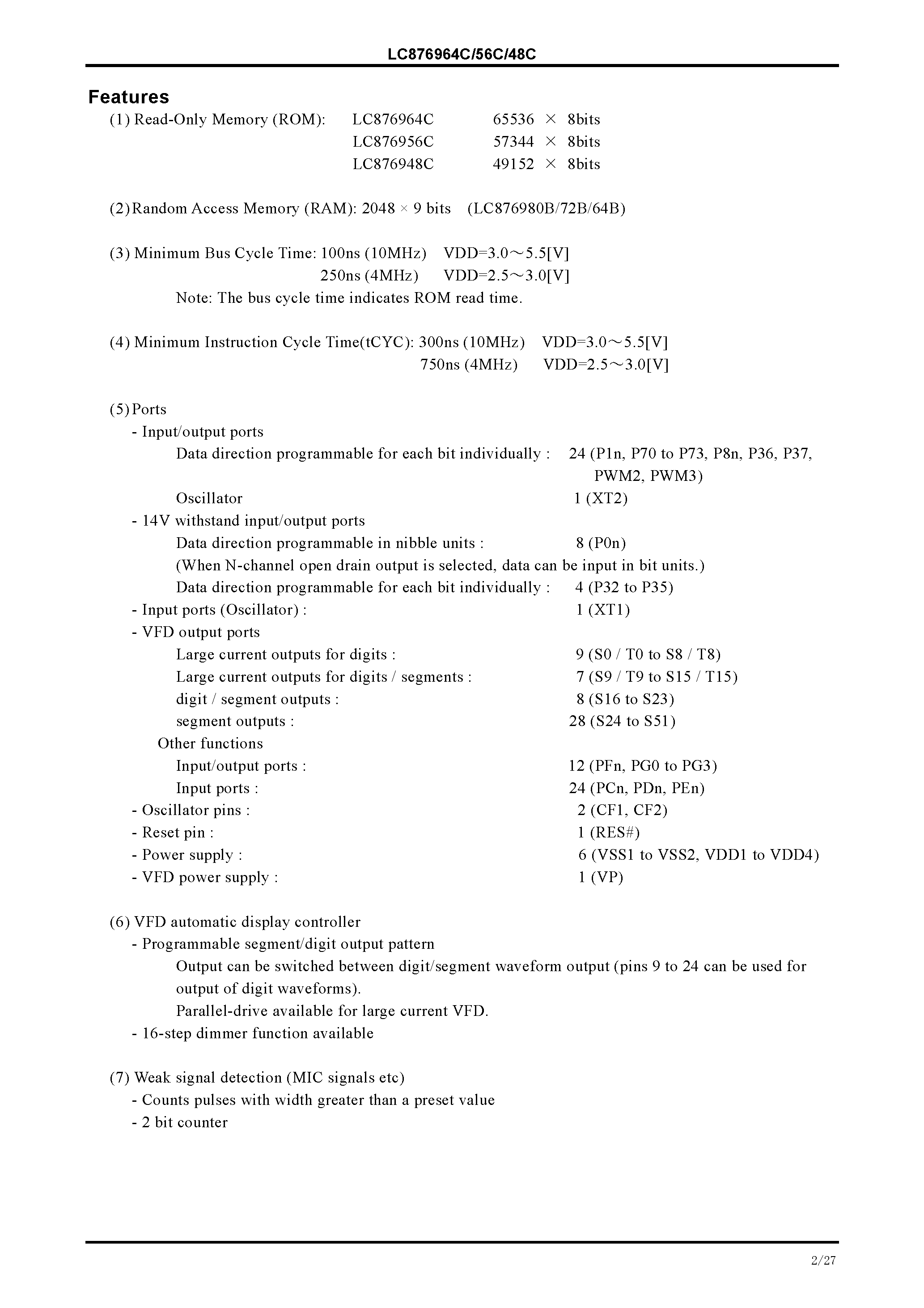 Datasheet LC876948C - (LC876964C/56C/48C) 8-Bit Single Chip Microcontroller page 2