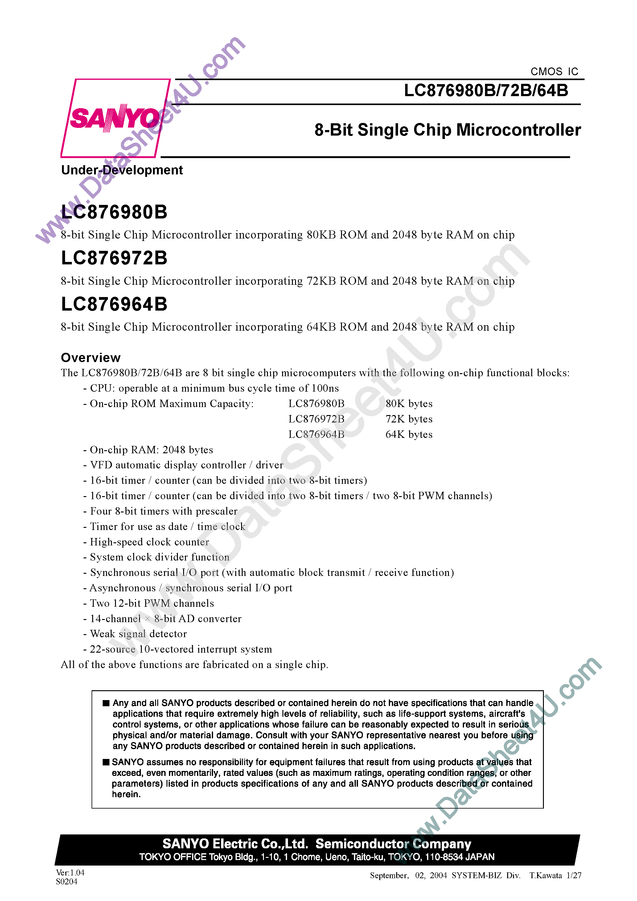 Datasheet LC876964B - (LC876980B/72B/64B) 8-Bit Single Chip Microcontroller page 1