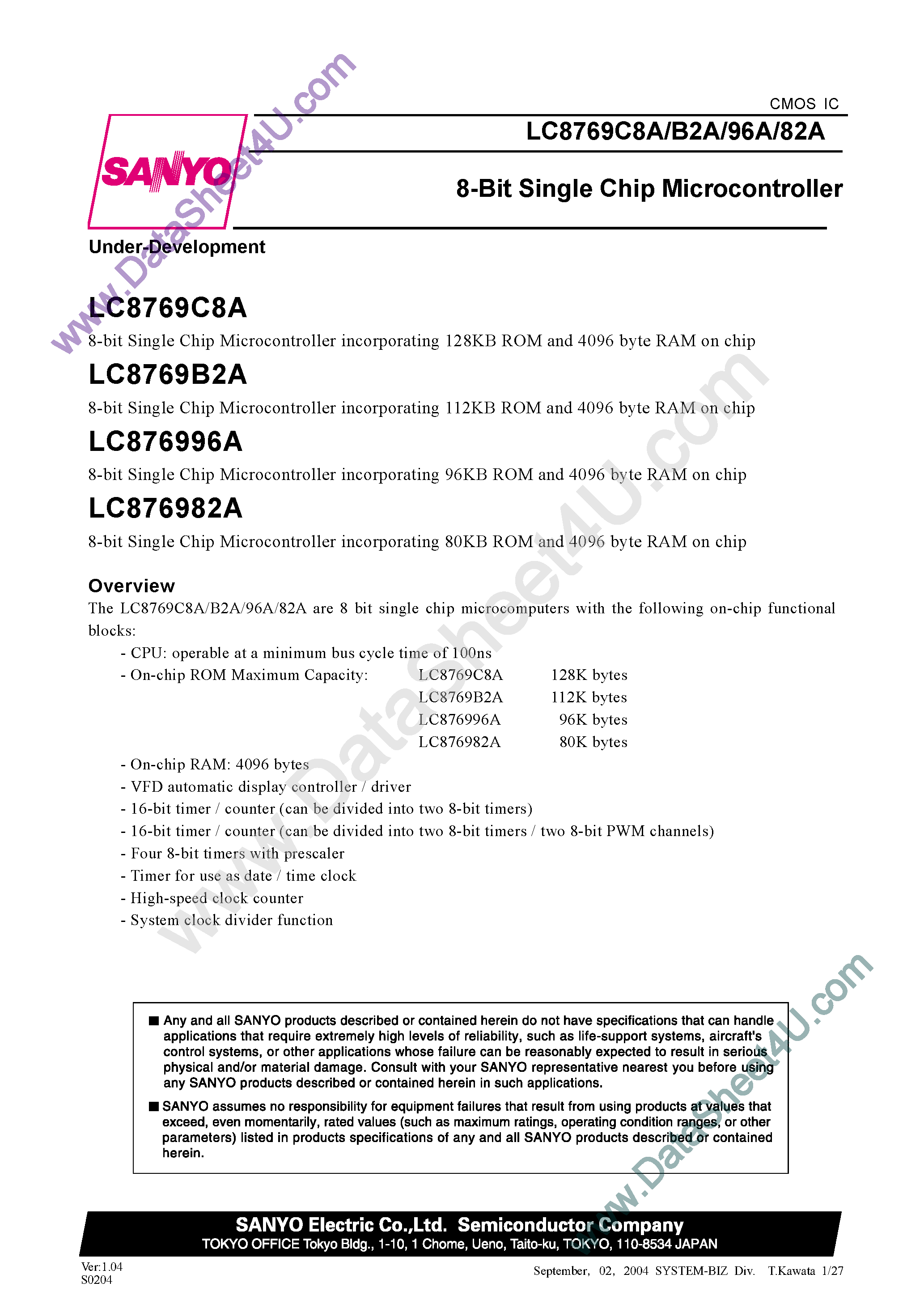 Datasheet LC876982A - (LC8769C8A/B2A/82A/96A) 8-Bit Single Chip Microcontroller page 1