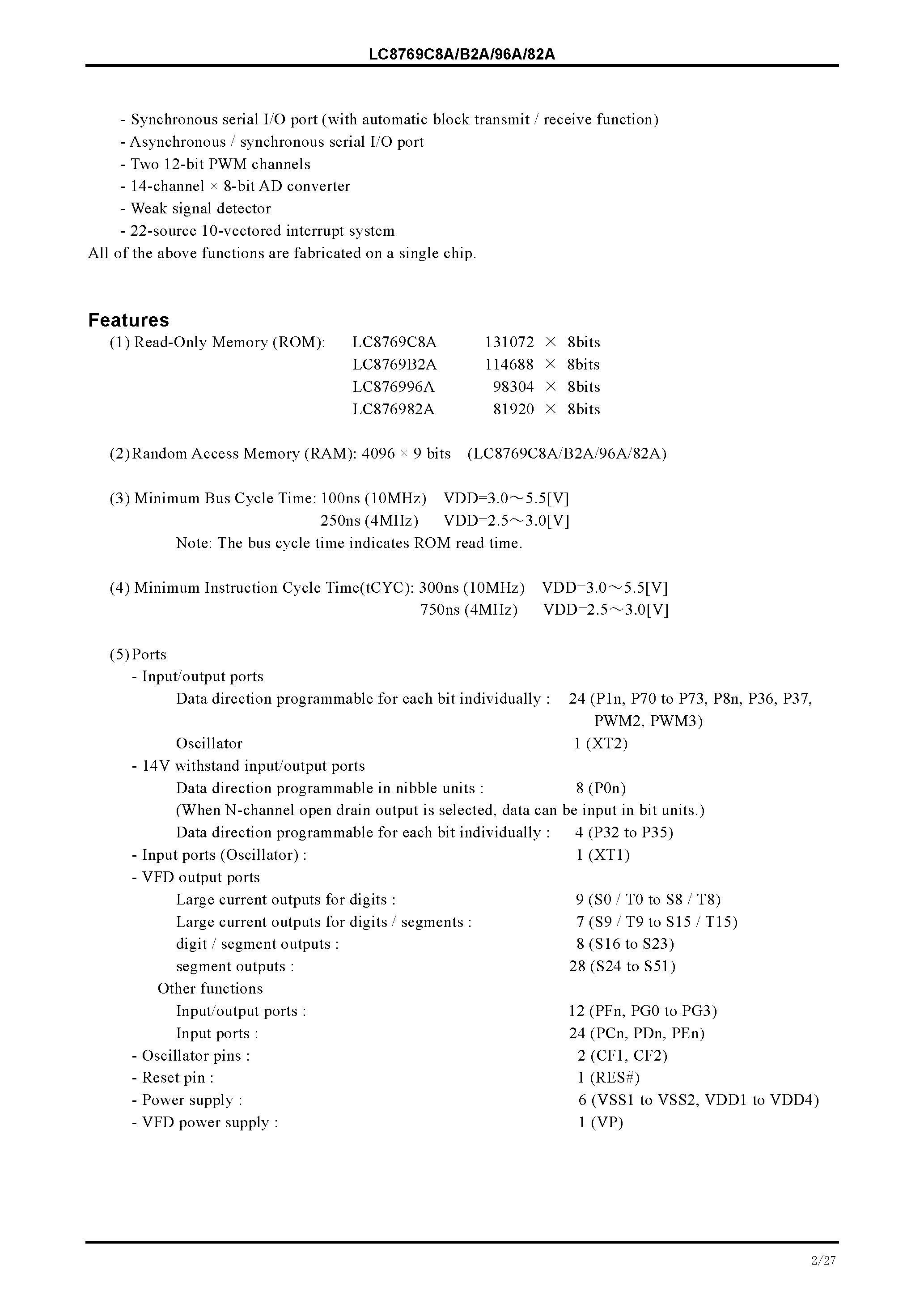 Datasheet LC876982A - (LC8769C8A/B2A/82A/96A) 8-Bit Single Chip Microcontroller page 2