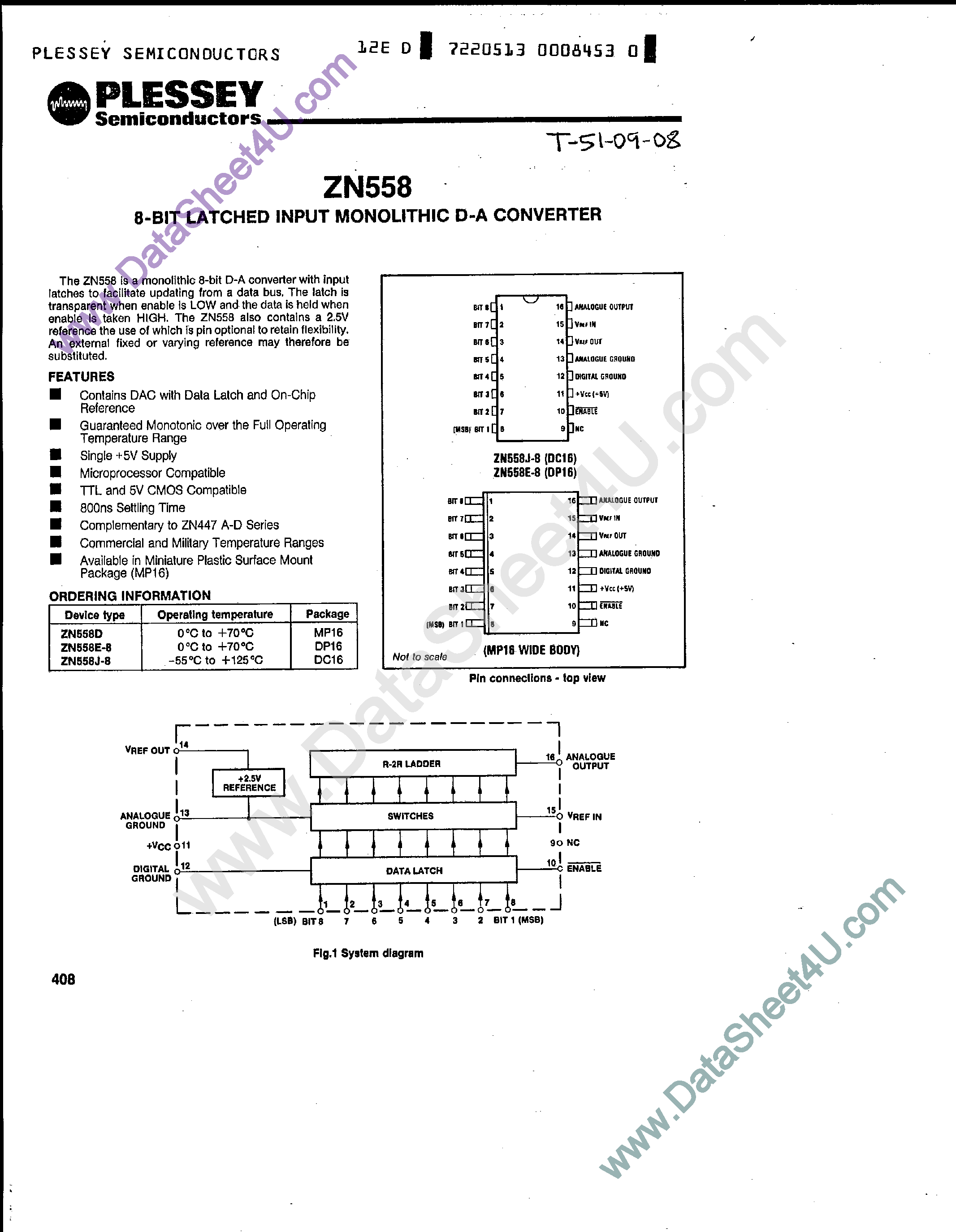 Datasheet ZN558 - 8-Bit Latched Input Monolithic D-A Converter page 1