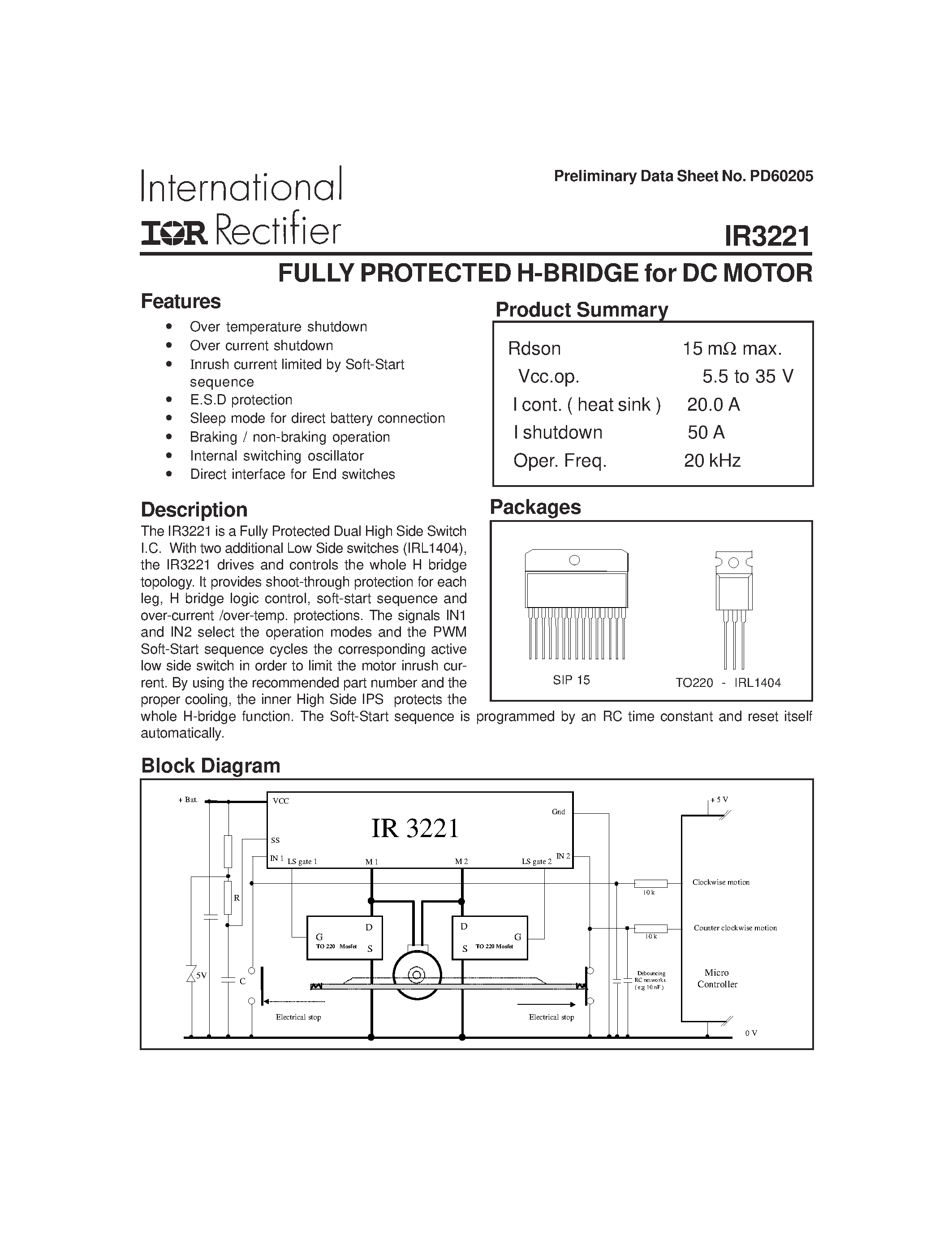 Datasheet IR3221 page 1 Datasheet IR3221 - FULLY PROTECTED H-BRIDGE for DC MOTOR page 1