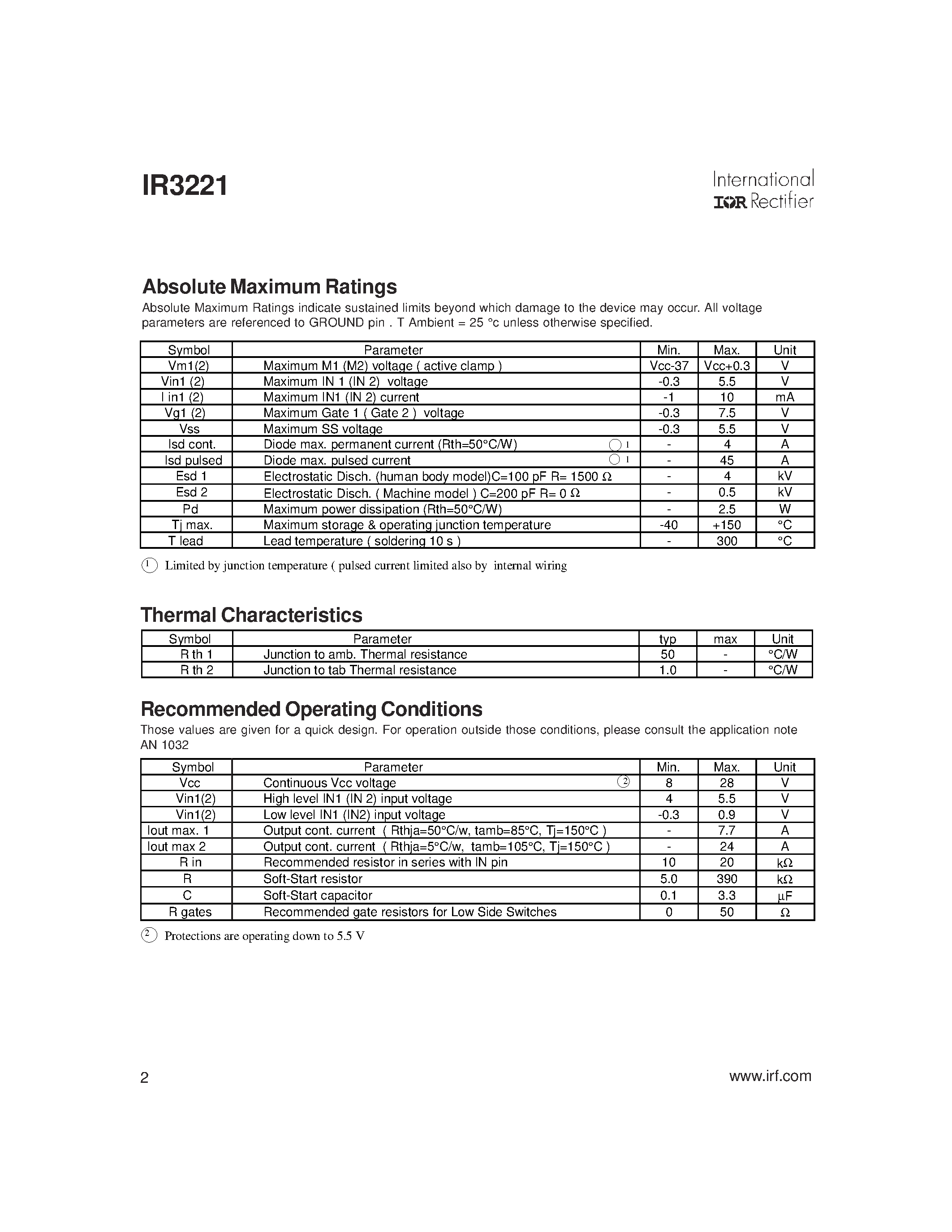 Datasheet IR3221 page 2 Datasheet IR3221 - FULLY PROTECTED H-BRIDGE for DC MOTOR page 2