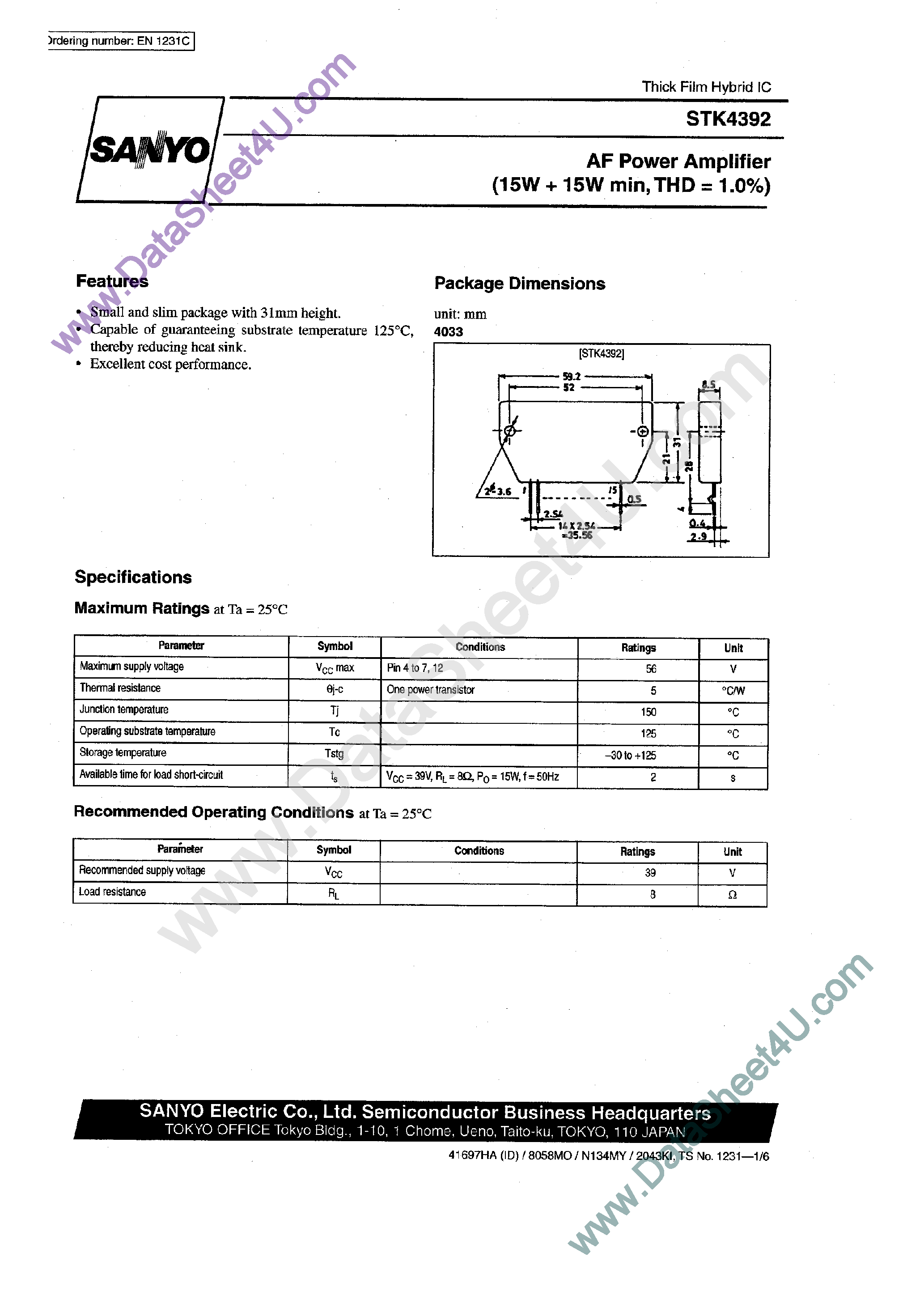 Datasheet STK4392 page 1 Datasheet STK4392 - AF Power Amplifier page 1
