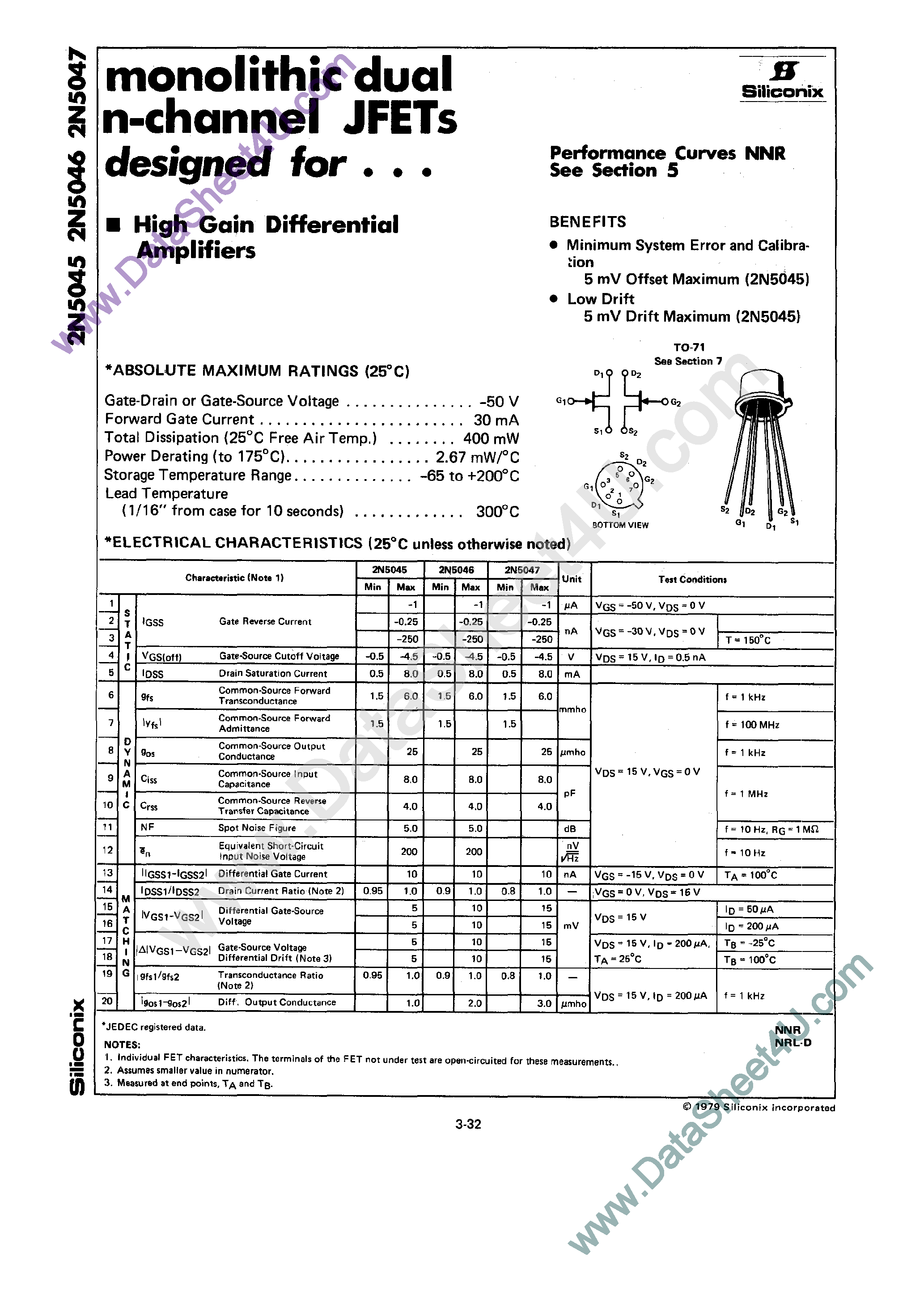 Даташит 2N5045 - (2N5045 - 2N5047) N-Channel JFET страница 1
