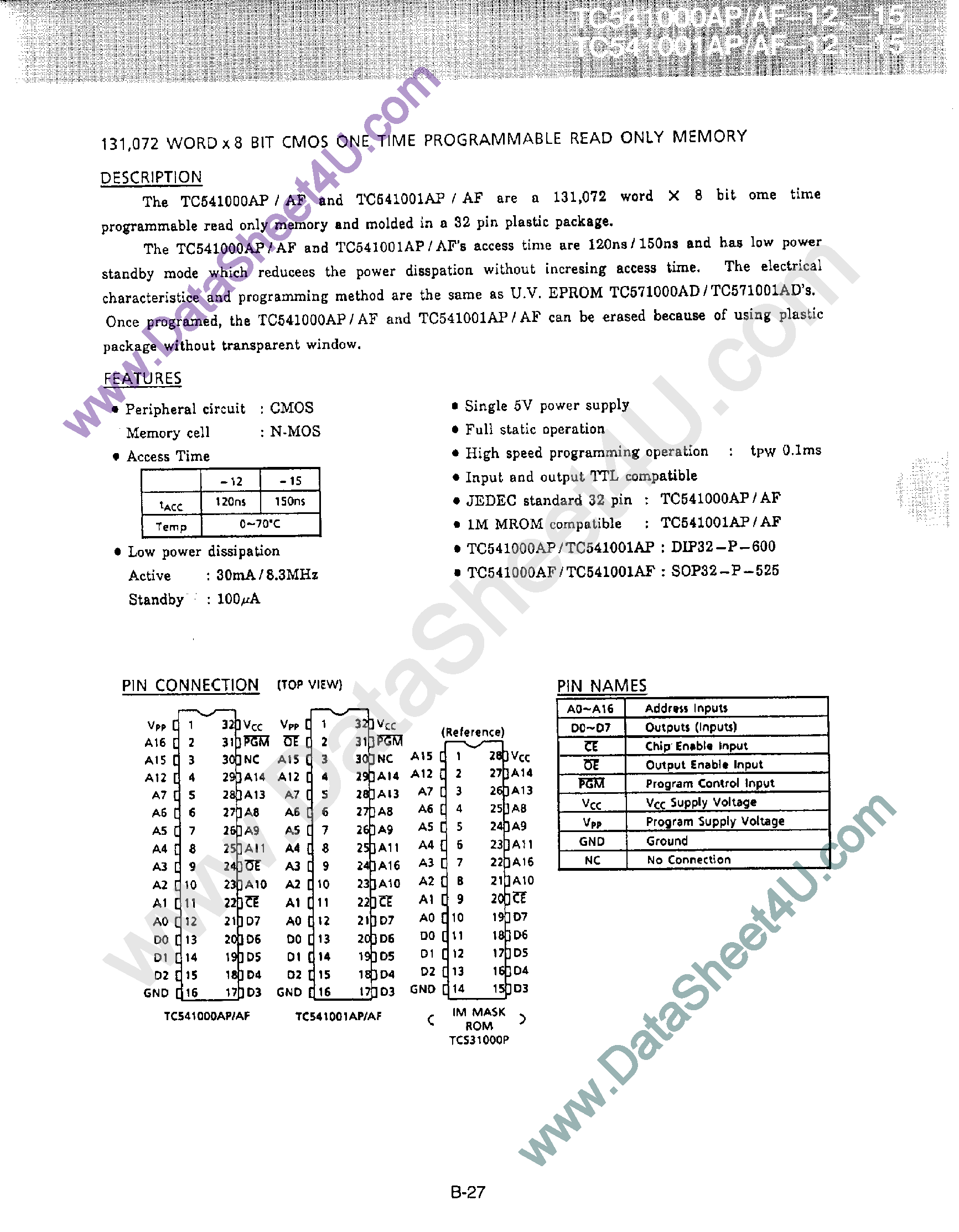 Datasheet TC541000A page 1 Datasheet TC541000A - (TC541000A / TC541001A) CMOS One Time Programmable ROM page 1
