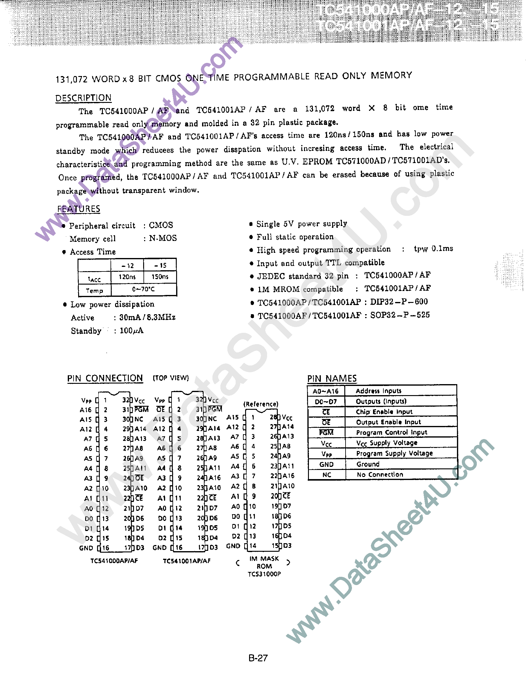 Datasheet TC541000A - (TC541000A / TC541001A) CMOS One Time Programmable ROM page 1