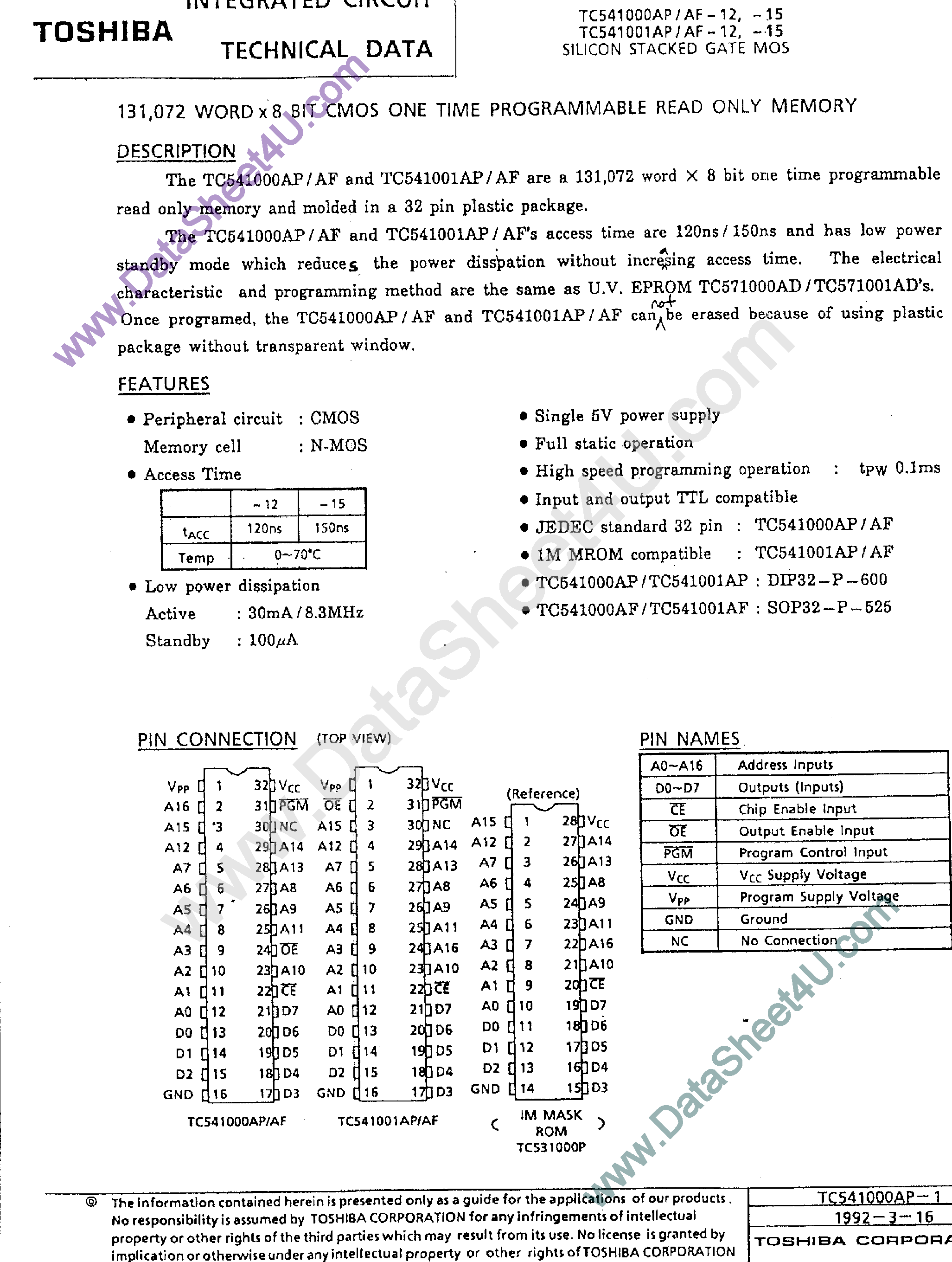 Datasheet TC541000A page 1 Datasheet TC541000A - (TC541000A / TC541001A) CMOS One Time Programmable ROM page 1