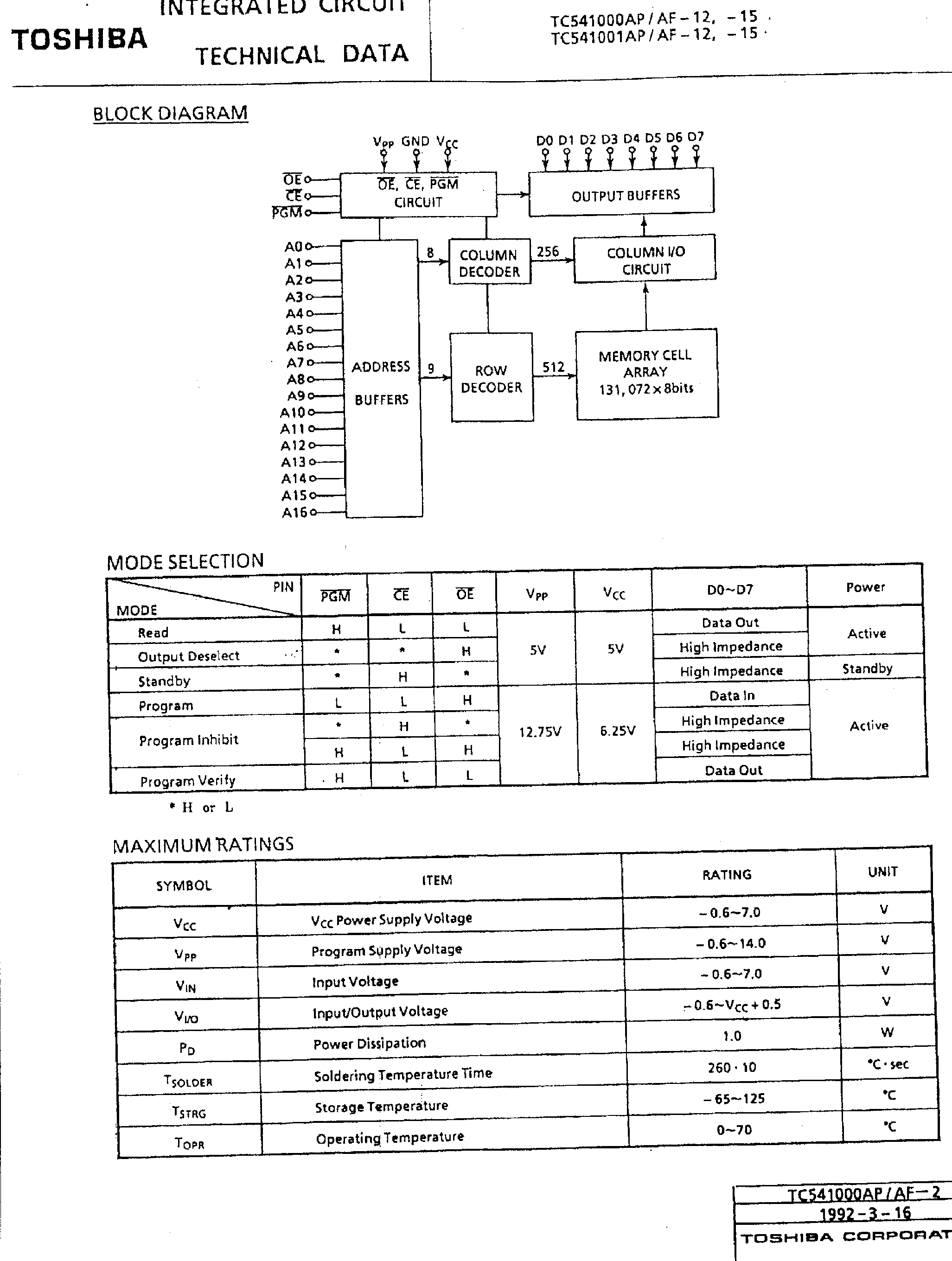 Даташит TC541000A - (TC541000A / TC541001A) CMOS One Time Programmable ROM страница 2